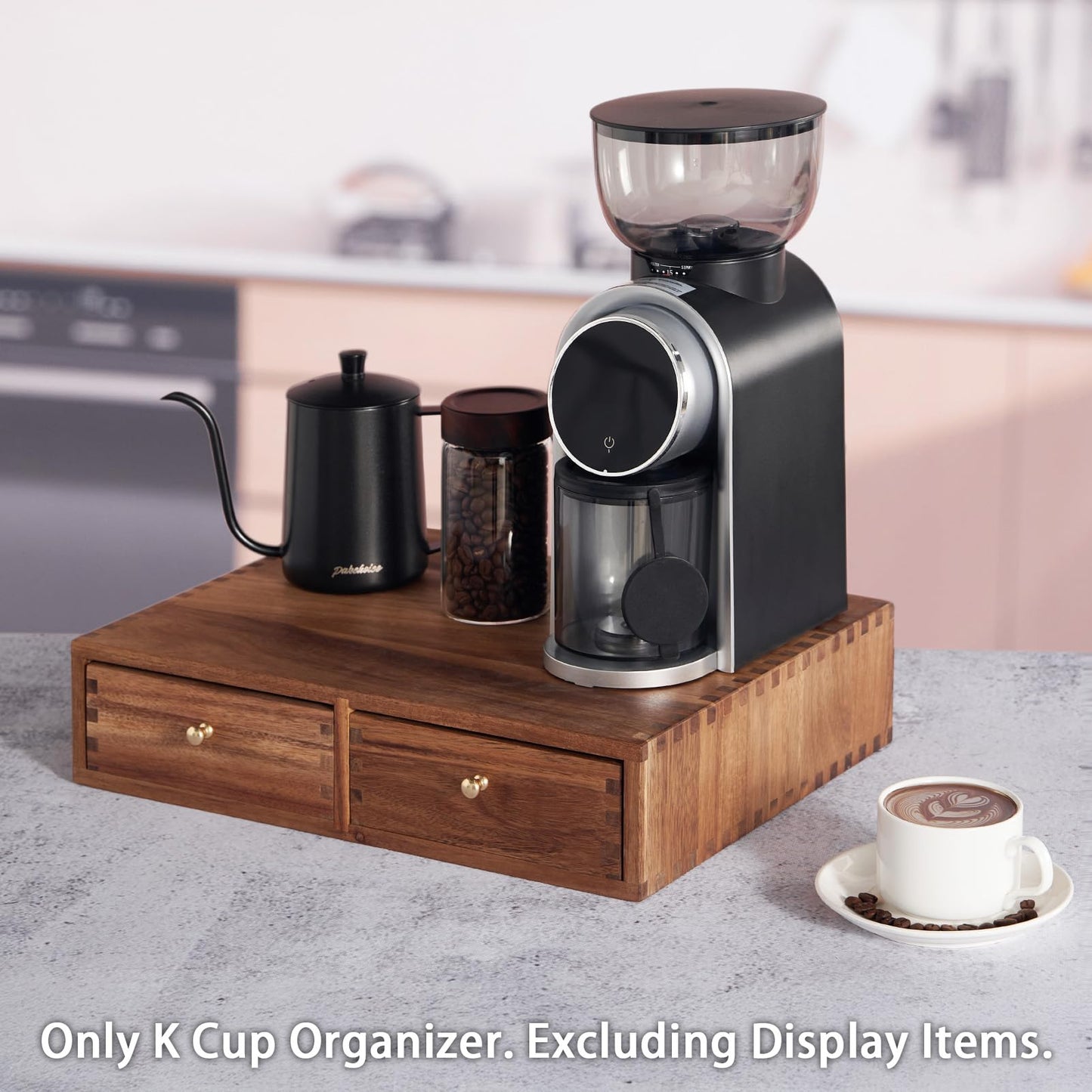 SARUFO Acacia Wood K Cup Organizer Drawer, Coffee Pod and Tea Storage Box with Non-Slip Pad, 30 Pod Capacity Under Brewer, Countertop Coffee Station Holder for Machine Stand