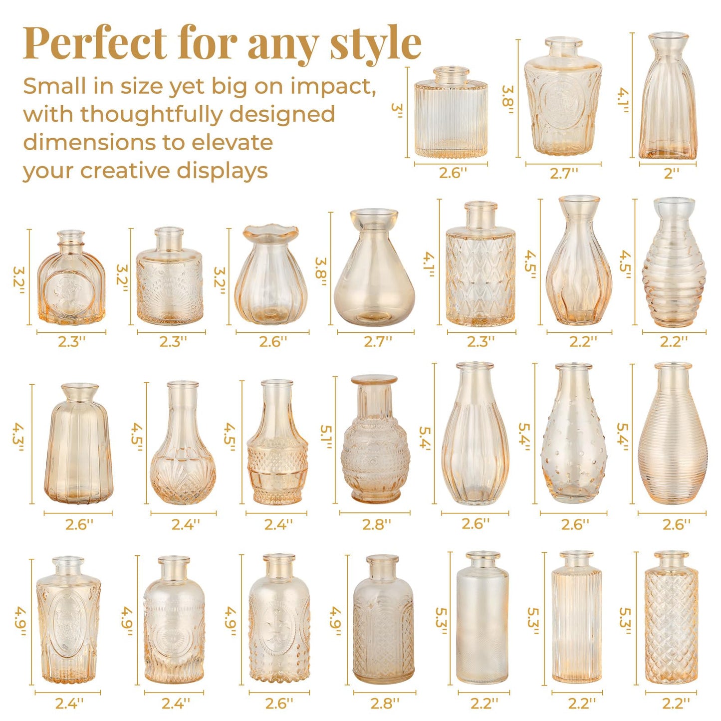 24 Pack Bud Vase in Bulk - BEAHOT Gold Flower Vases for Wedding Decorations, Glass Vase for Table Decorations, Small Vase for Home, Mother's Day, Centerpieces, Party, Office (Gold)