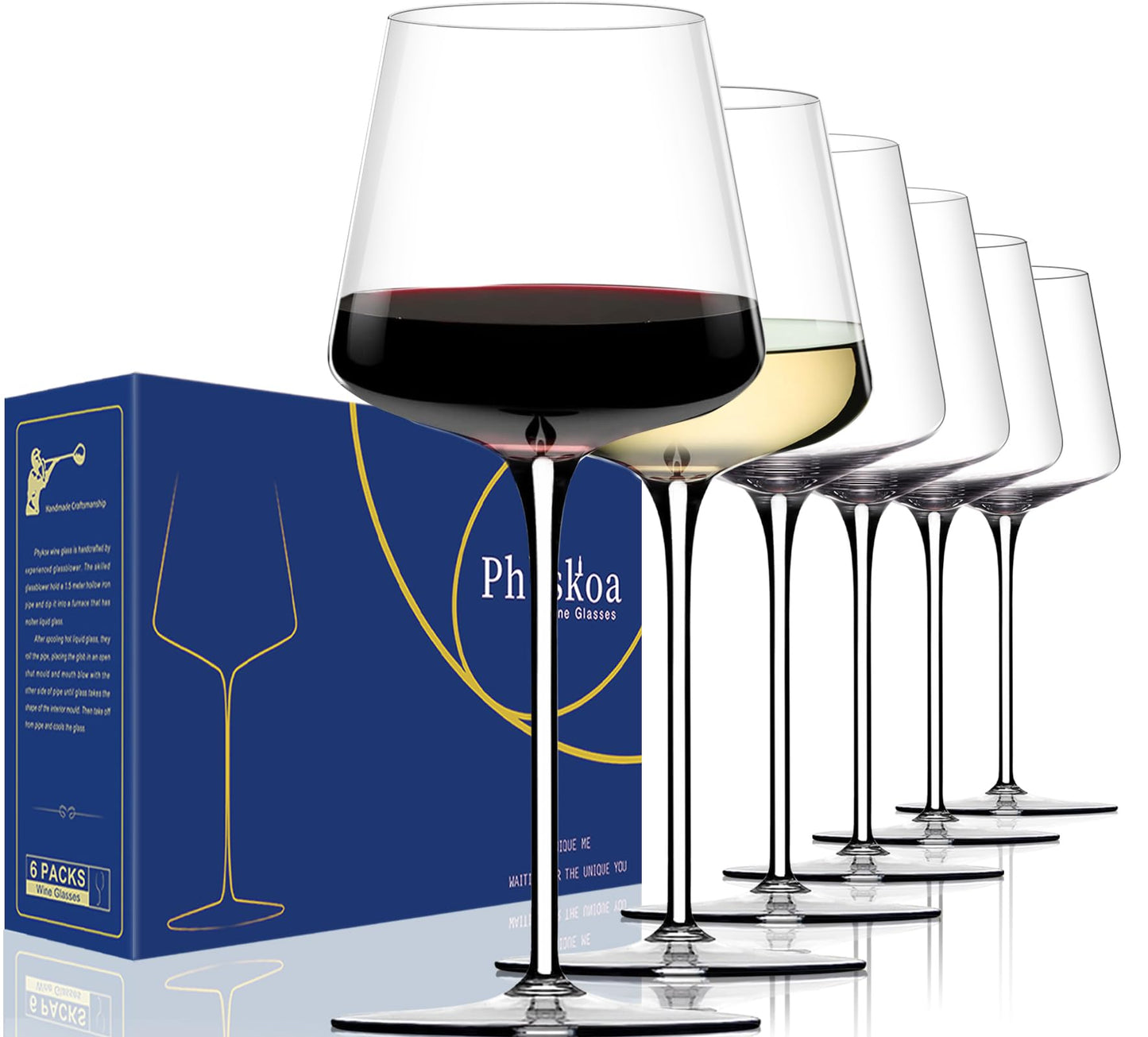 Physkoa White Red Wine Glasses Set of 6 – 18oz Clear【Hand Blown】 Crystal Wine Glass – Tall Long Stem Modern Wine Glasses – Square Wine Glass with flat bottom