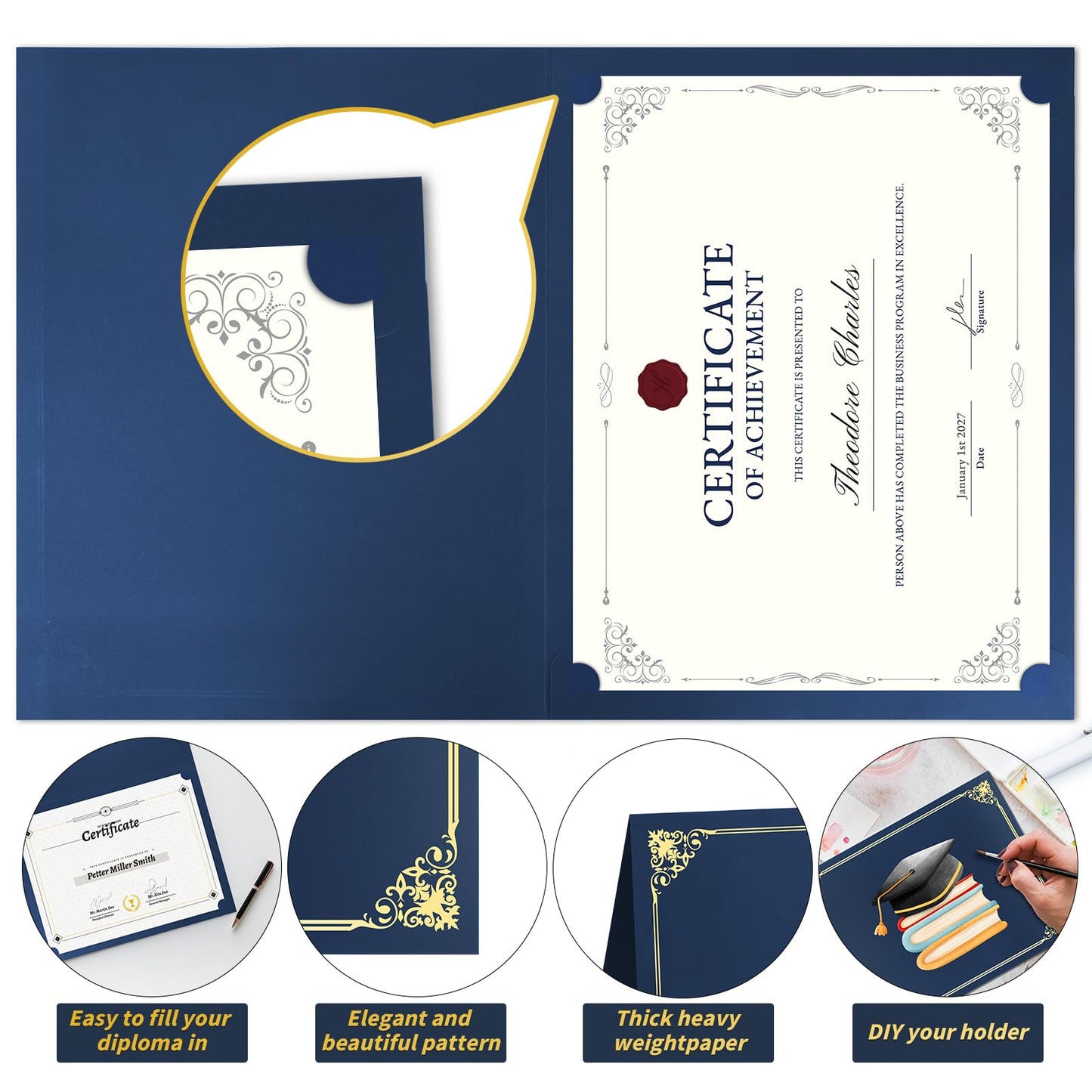 Oleitodh 110 Pcs Certificate Holders Bulk, Navy Blue Diploma Covers Gold Foil Border, Document Covers for Letter Size 8.5x11" Award Certificates, Cardstock, Document Papers, Graduation