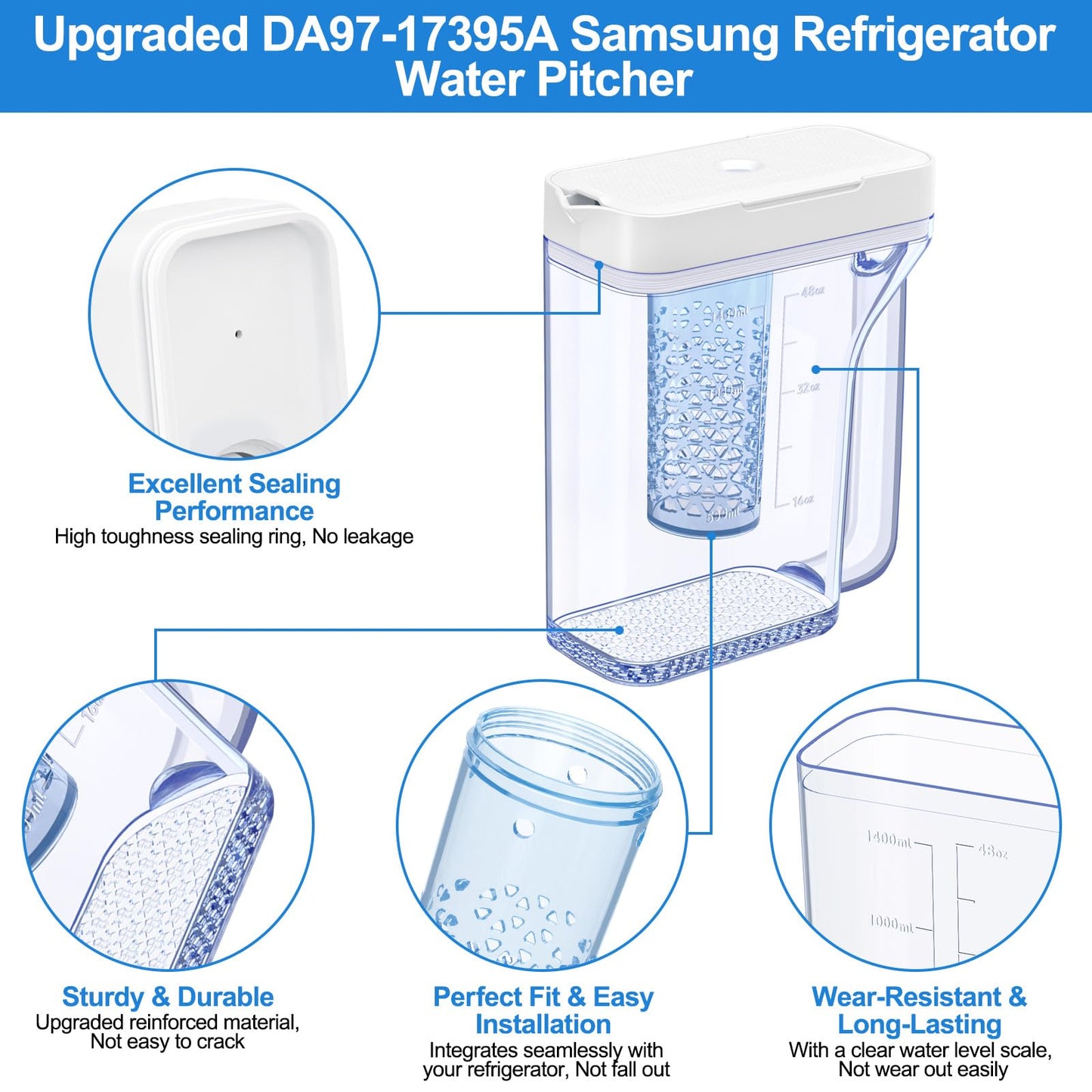 Upgraded DA97-17395A Water Pitcher Reservoir Compatible with Samsung Water Pitcher for Fridge Door Replacement No Leak Samsung Refrigerator Parts RF23M8570SR RF23M8090SR Fridge Container Tank