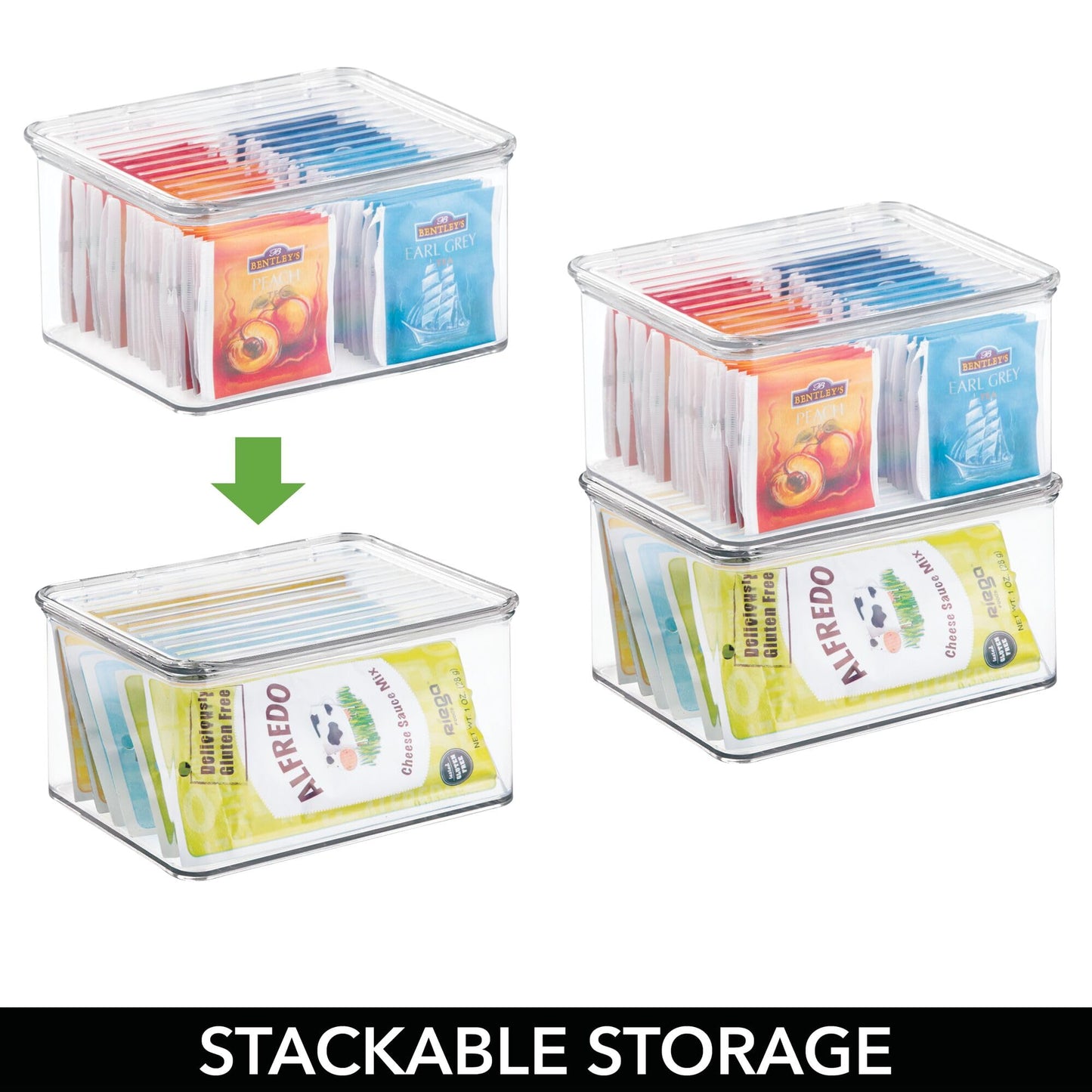 iDesign Plastic Stackable Hinged-Lid Pantry or Kitchen Storage Box - Set of 3 - Clear