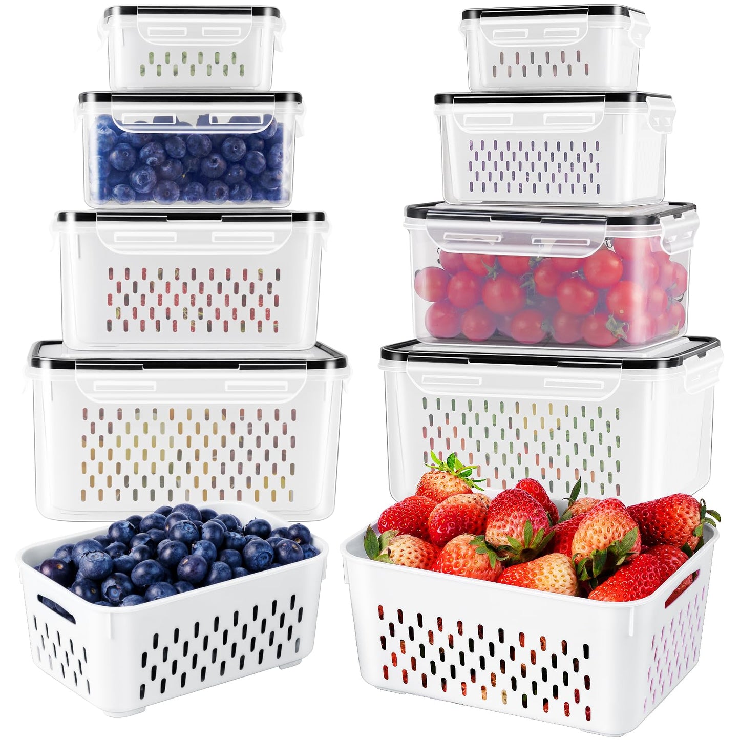 Freshmage Fruit Storage Containers for Fridge with Removable Colander, Airtight Food Storage Container, Dishwasher Safe Produce Saver for Refrigerator, Keep Berry Fruit Fresh Longer 8 pcs Small Clear