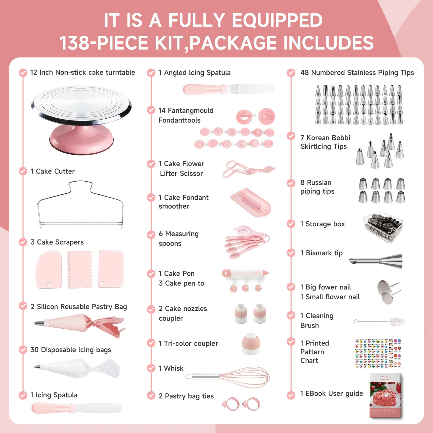 Cake Decorating Kit, 138pcs Cake Decorating Supply with 12 Inch Aluminium Cake Turntable, 64 Numbered Icing Piping Tips, 2 Spatulas, 3 Icing Comb Scraper and Leveller, Piping Bags,cake decorating tool