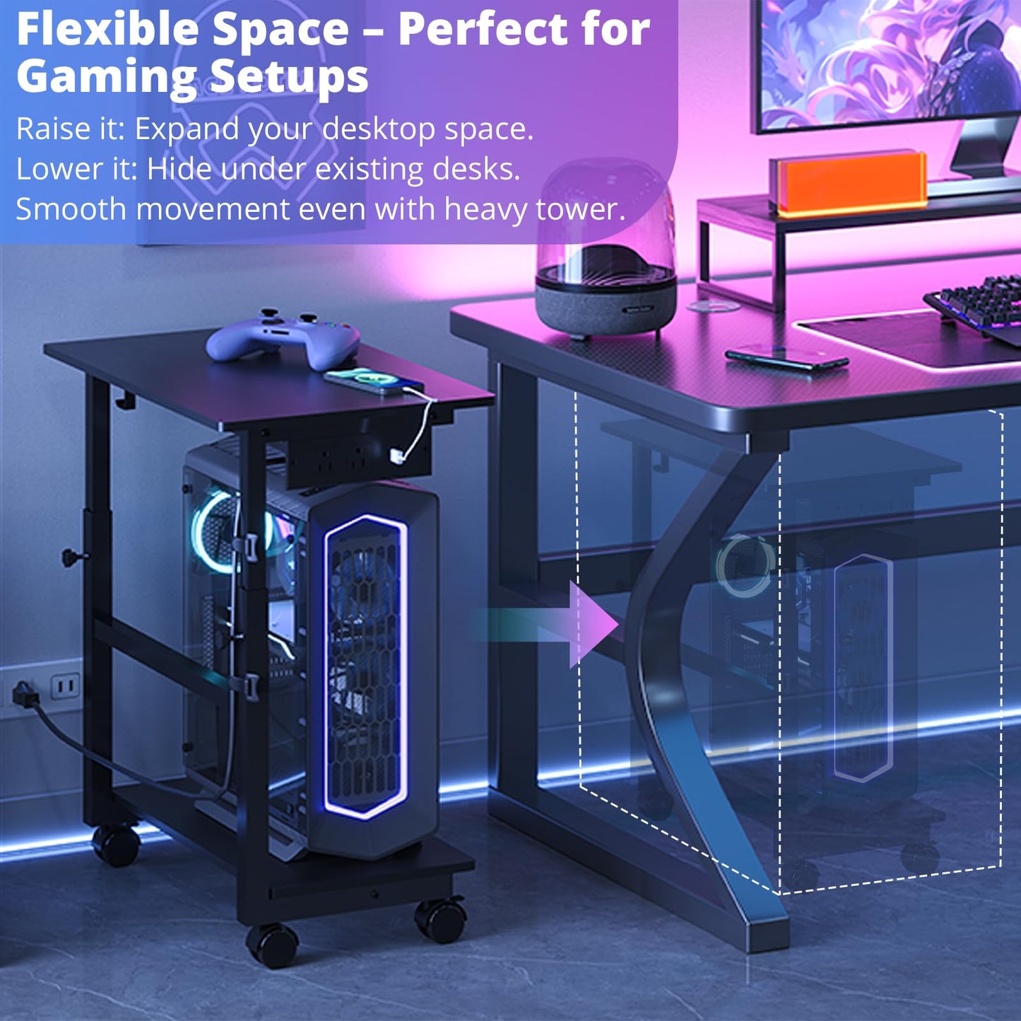 HavenlyYouth 2-Tier Computer Tower Stand with Power Outlet, Height Adjustable PC Tower Stand with Wheels, ATX-Case CPU Holder Cart with Hooks for Home, Office, Gaming (Black)