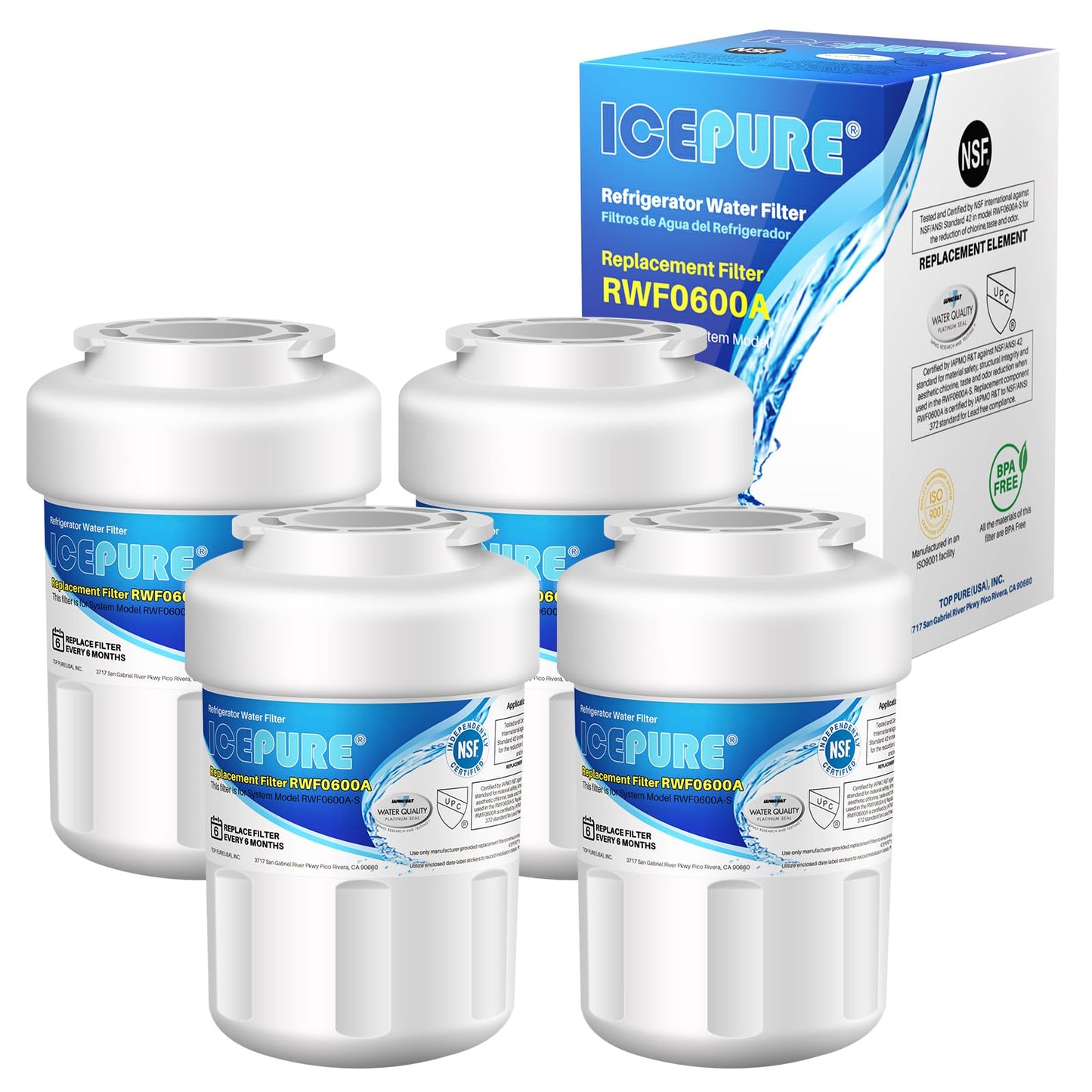 ICEPURE RWF0600A Replacement for GE MWF, MWFP, 197D6321P006, WFC1201, MWFA, PC75009, HDX FMG-1, GSE25GSHECSS, 46-9996, GSH25JSDDSS, PSHS6PGZBESS, GWF, SGF-G9, RWF1060 Refrigerator Water Filter 4PACK