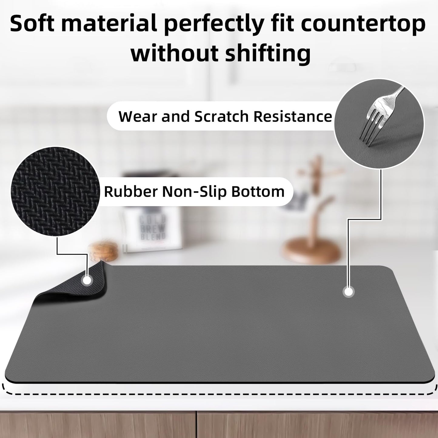 LOPNUR Kitchen Dish Drying Mat, 31.5"x17" Extra Large Dish Drying Mats for Kitchen Counter, Diatomite Coffee Mat, Super Absorbent Dish Drying Pad, Heat Resistant Mat with Anti-slip Rubber Backed, Grey