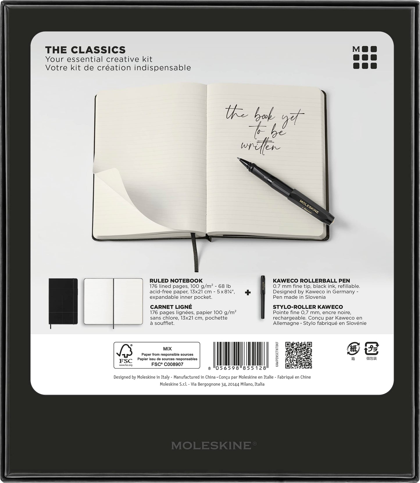 Moleskine Classic Notebook and Kaweco Roller Pen Bundle, Large, Ruled, Black, Hard Cover (5 x 8.25)