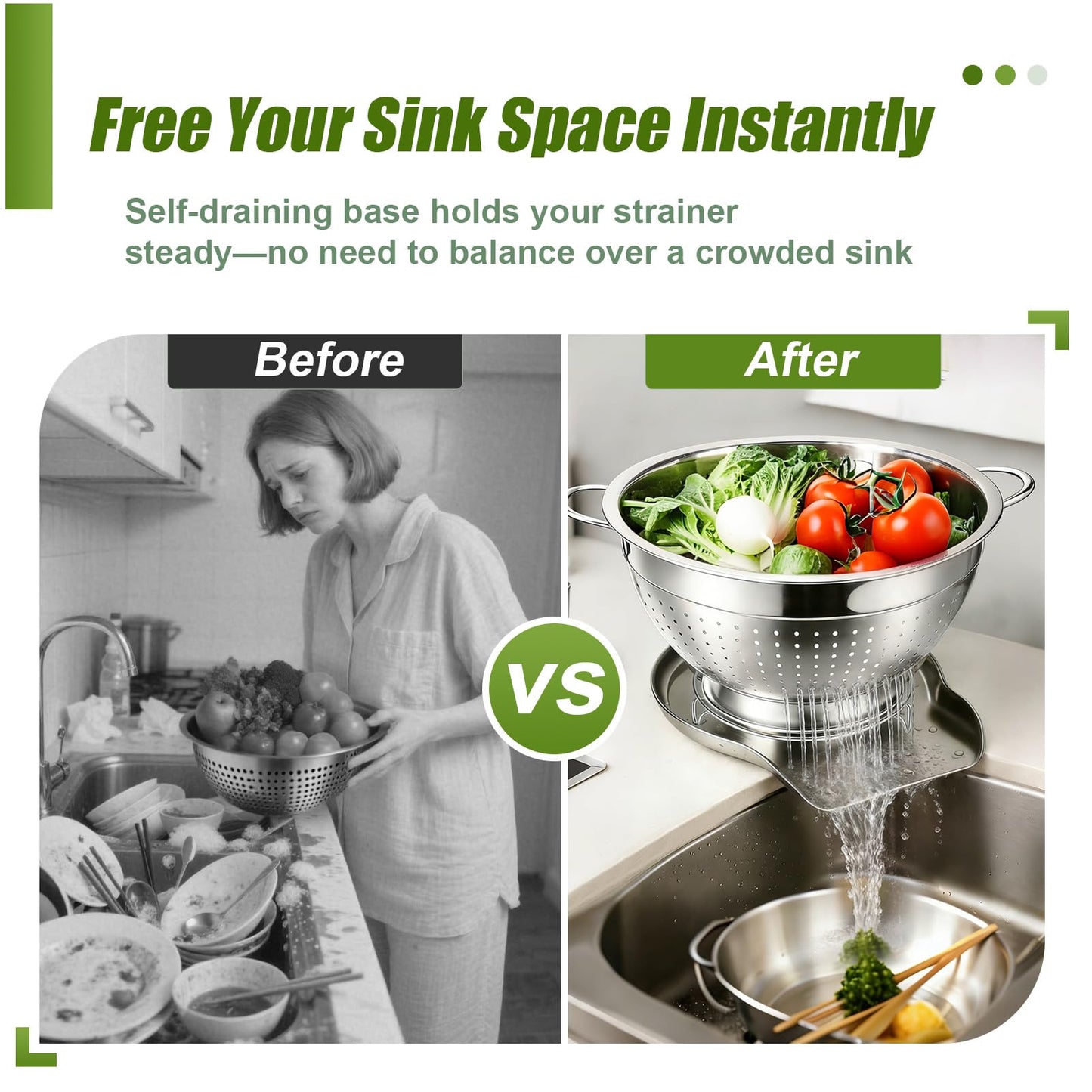 Palksky Stainless Steel Colander Set with Handles & Self-Draining Base, 3 Sizes (7”, 9”, 11”), Heavy Duty Pasta Strainer, Rice & Vegetable Strainer, Countertop Draining System