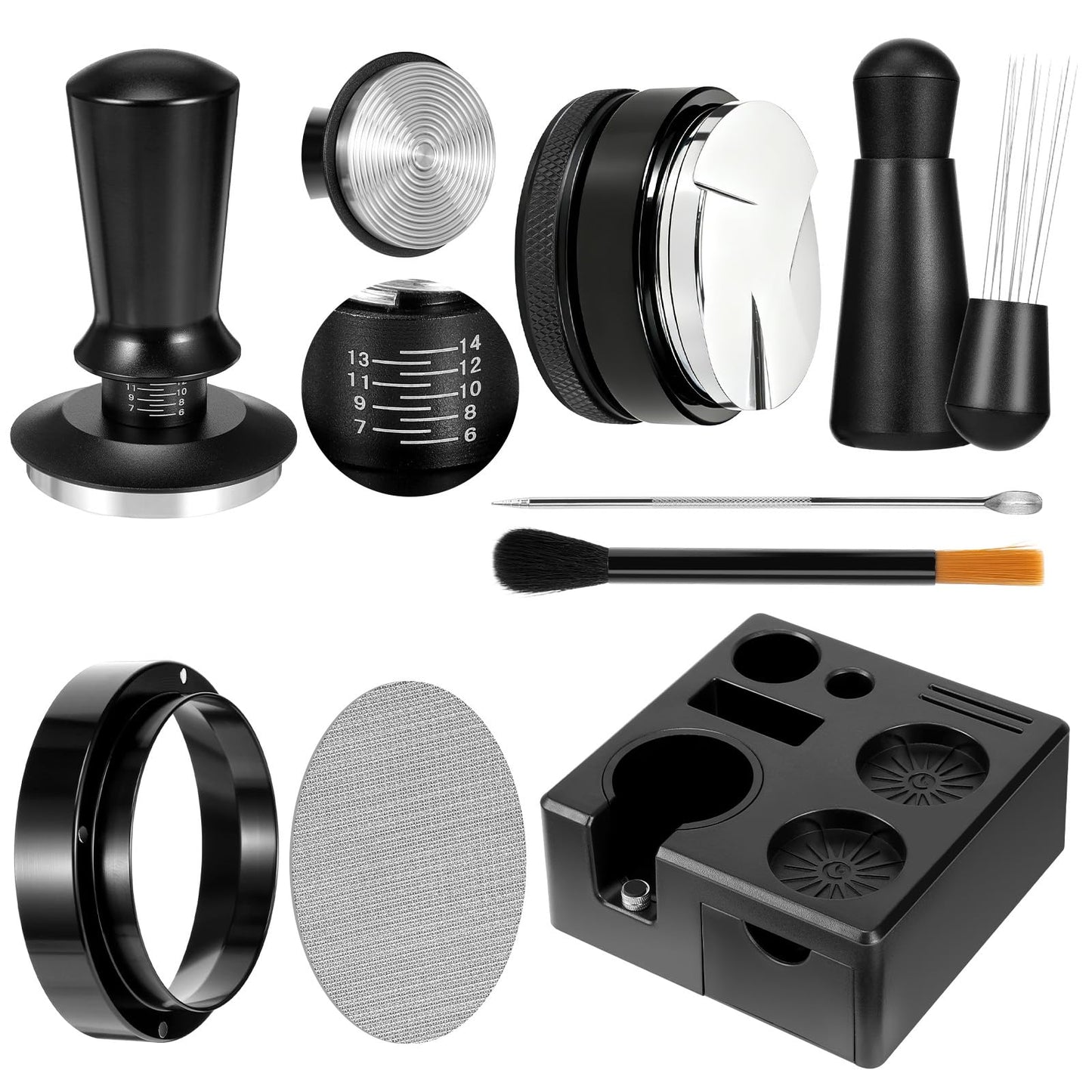 8 PCS Espresso Accessories Kit,51mm Espresso Tamper Tools,WDT Tool Espresso,Espresso Tamping Station, Distributor, Stirrer, Dosing Funnel,Puck Screen, Brush and Latte Art Pen