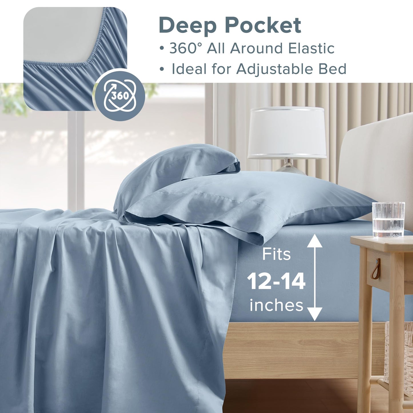 Comfort Spaces 100% Cotton Sheet Set Breathable, Lightweight, Soft with 12" Elastic Pocket Fits up to 14" Mattress, All Season Cozy Bedding, Matching Pillow Case, Twin Blue 3 Piece