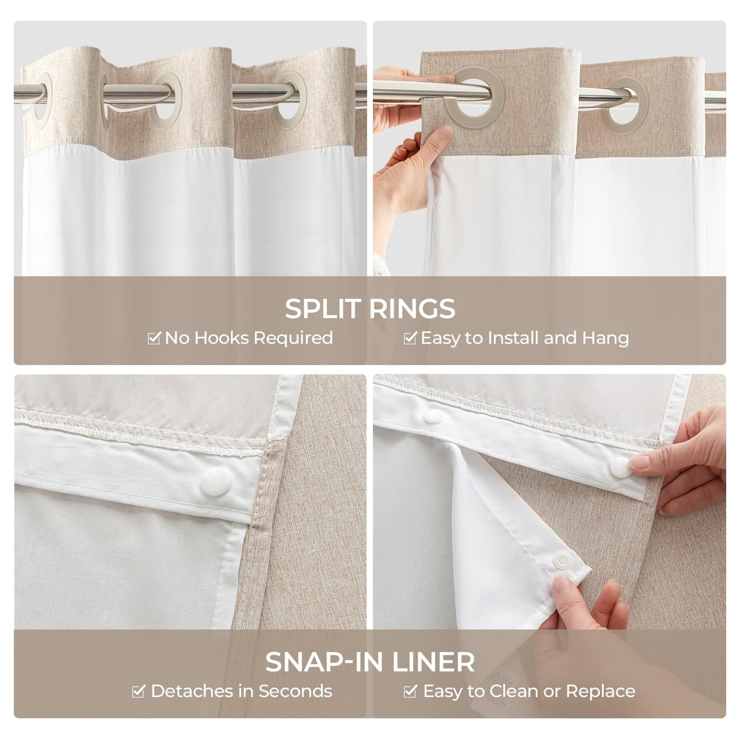 River Dream Linen Textured No Hook Shower Curtain with Snap-in Liner, Farmhouse Quick Dry Fabric Shower Curtain for Bathroom,Rustic Bathroom Set,See-Through Top Window,Water-Repellent,Linen,71Wx74L