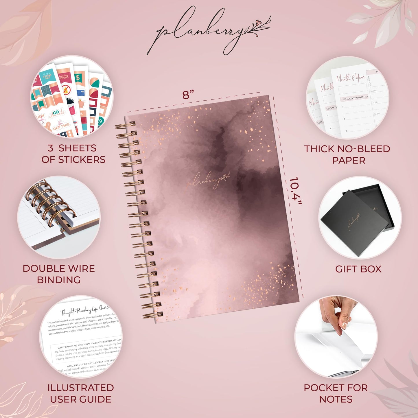 PLANBERRY Large Hourly Schedule Planner Premium – Undated Organizer for Productivity, Time Management & Budget, 8x10.4″ (Rose Gold)