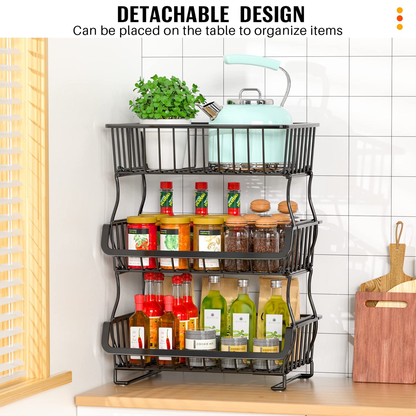 Gsiekare 3-Tier Rolling Pantry Organizer and Storage Cart with Wheels – Stackable Wire Snack Cart for Kitchen, Pantry Shelves and Storage Rack for Fruit, Vegetables, Onion, Potato (1 Pack)