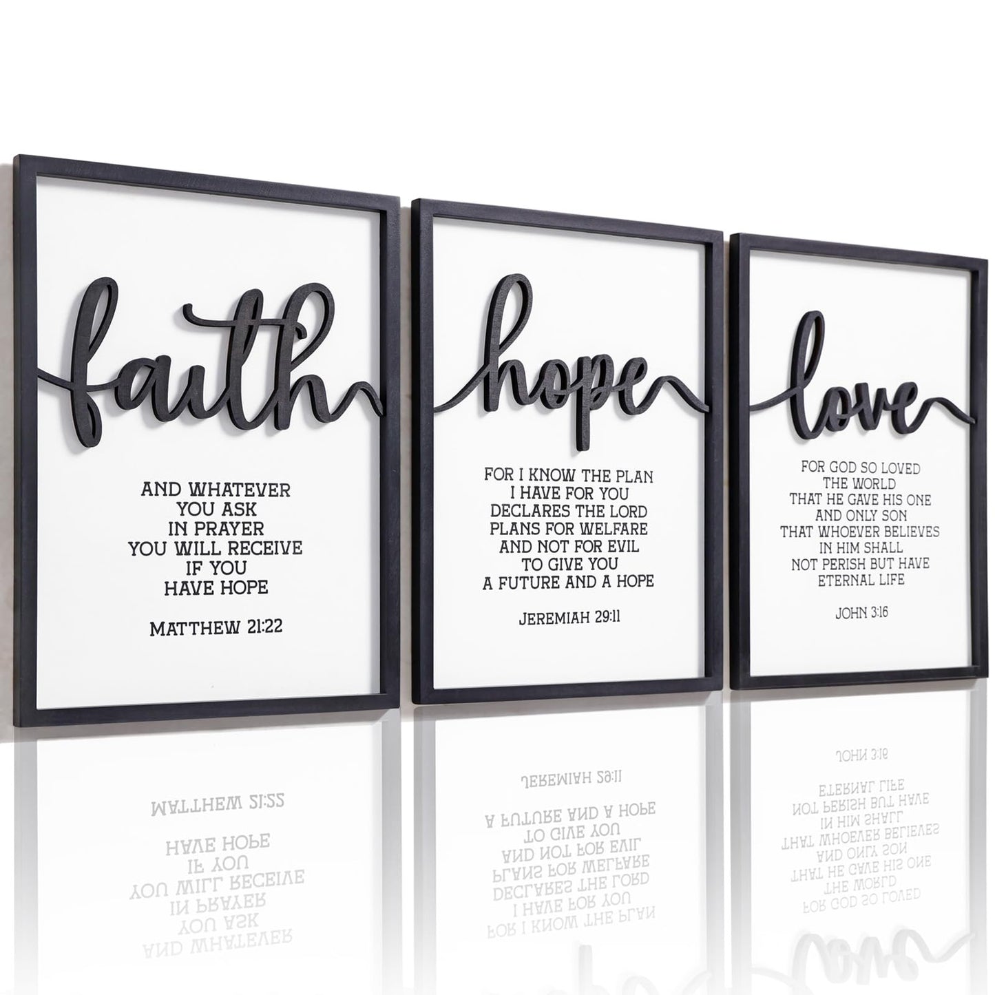 3D Wood Faith Hope Love Wall Decor, Christian Wall Art Bible Verses Wall Decor Scripture Wall Art for Bedroom Bathroom Kitchen Living Room Office(12x16 inches, Set of 3, Framed)