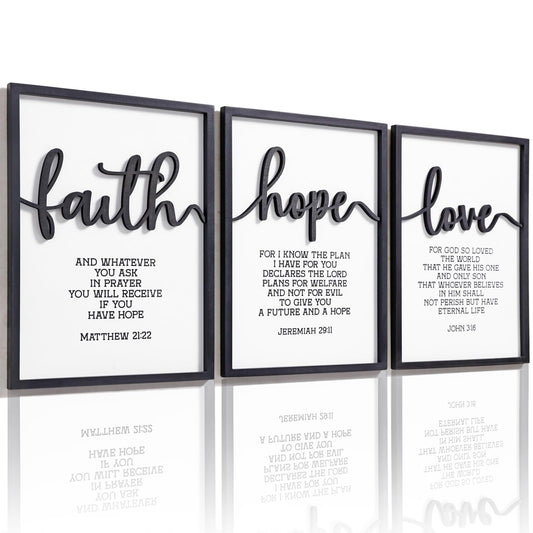 3D Wood Faith Hope Love Wall Decor, Christian Wall Art Bible Verses Wall Decor Scripture Wall Art for Bedroom Bathroom Kitchen Living Room Office(12x16 inches, Set of 3, Framed)