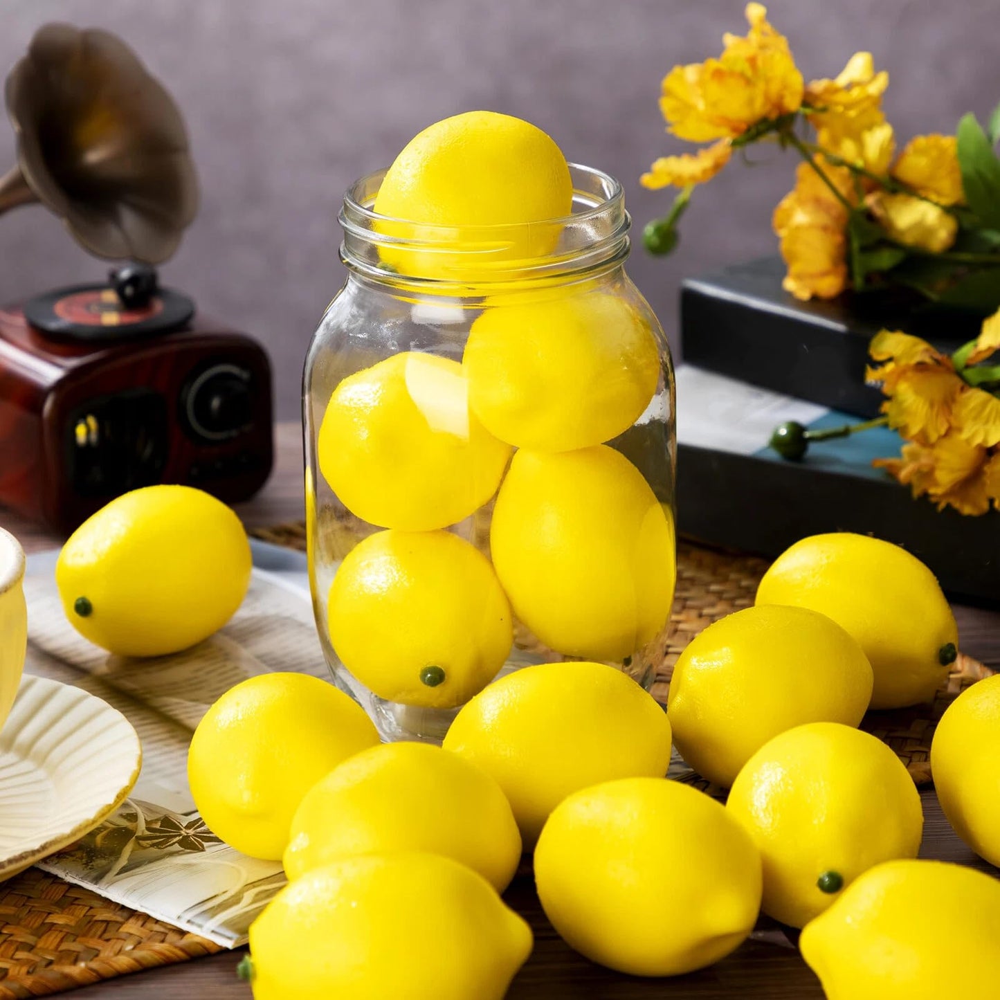 Cindeer Summer Fake Lemon Fake Fruit Faux Yellow Lemon Decor Lifelike Simulation Artificial Fruit for Party Table Kitchen Vase Filler Wreath Garland Photography Decoration(3.1 x 2.1 Inch,60 Pcs)