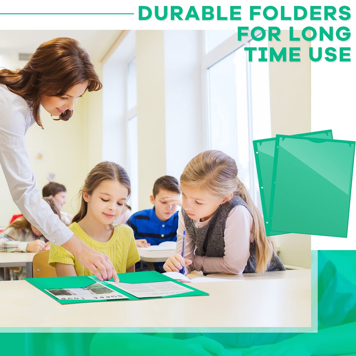 Henoyso 36 Pcs Green Plastic Folders with 2 Pockets and Clear Front Pocket 3 Holes for 3-Ring Binder Durable Poly Folder for School, Office & Home Organization