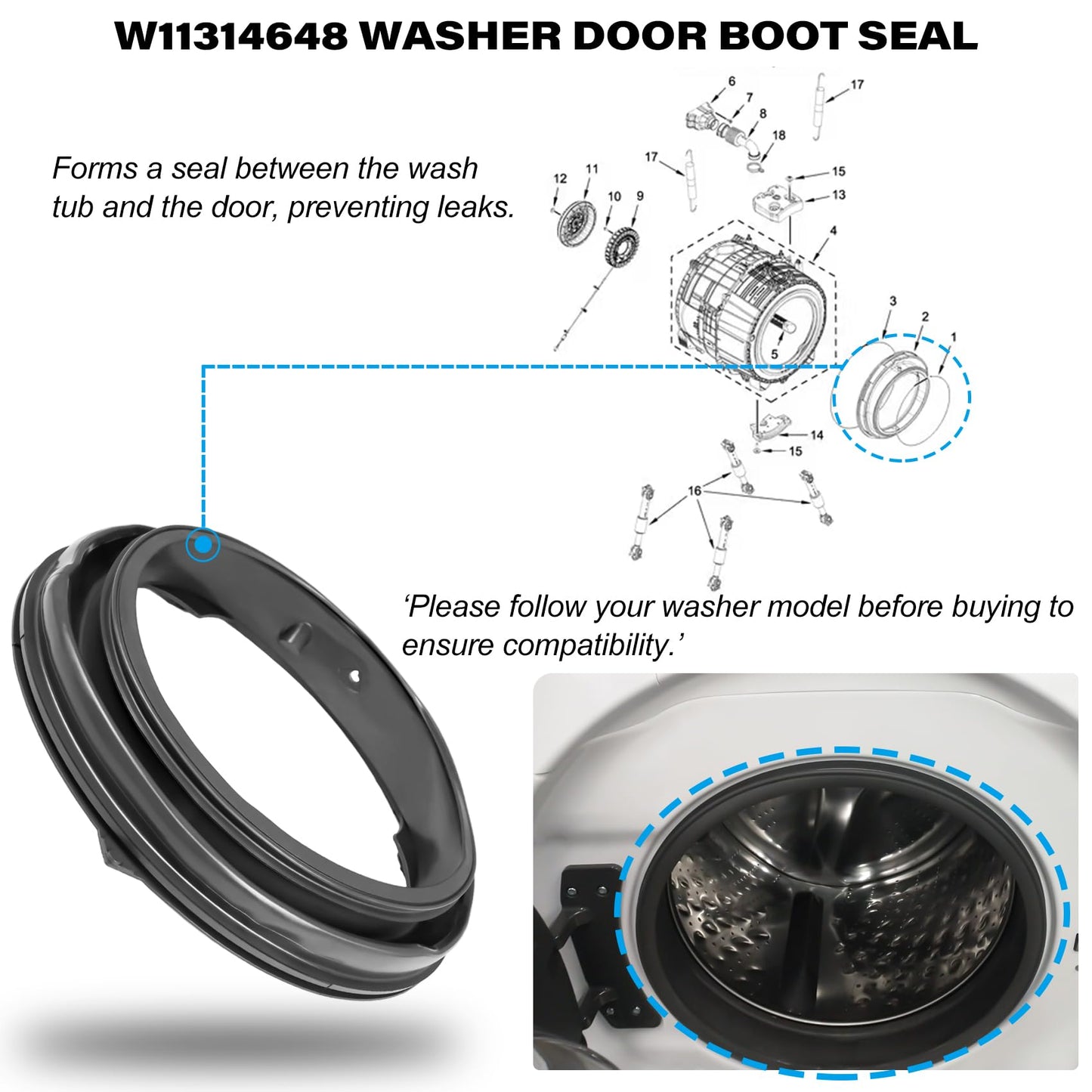 W11314648 W10897390 Washer Door Boot Seal Gasket Bellow Diaphragm for Whirlpool, Maytag, Inglis & Amana MHW5630HW3 WFW5605MW0 MHW5630HC2 WFW6620HW0 MHW6630HC0, Replace# AP6835703 4931032 PS12711495