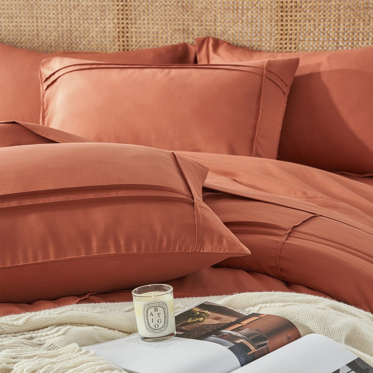 Yogeneg Queen Comforter Set 7 Piece Bed in a Bag,Grid Pinch Pleat Terracotta Bedding Set,Striped Textured Soft Microfiber Comforter with Sheet Set,All Season Complete Bed Set(Terracotta,Queen)