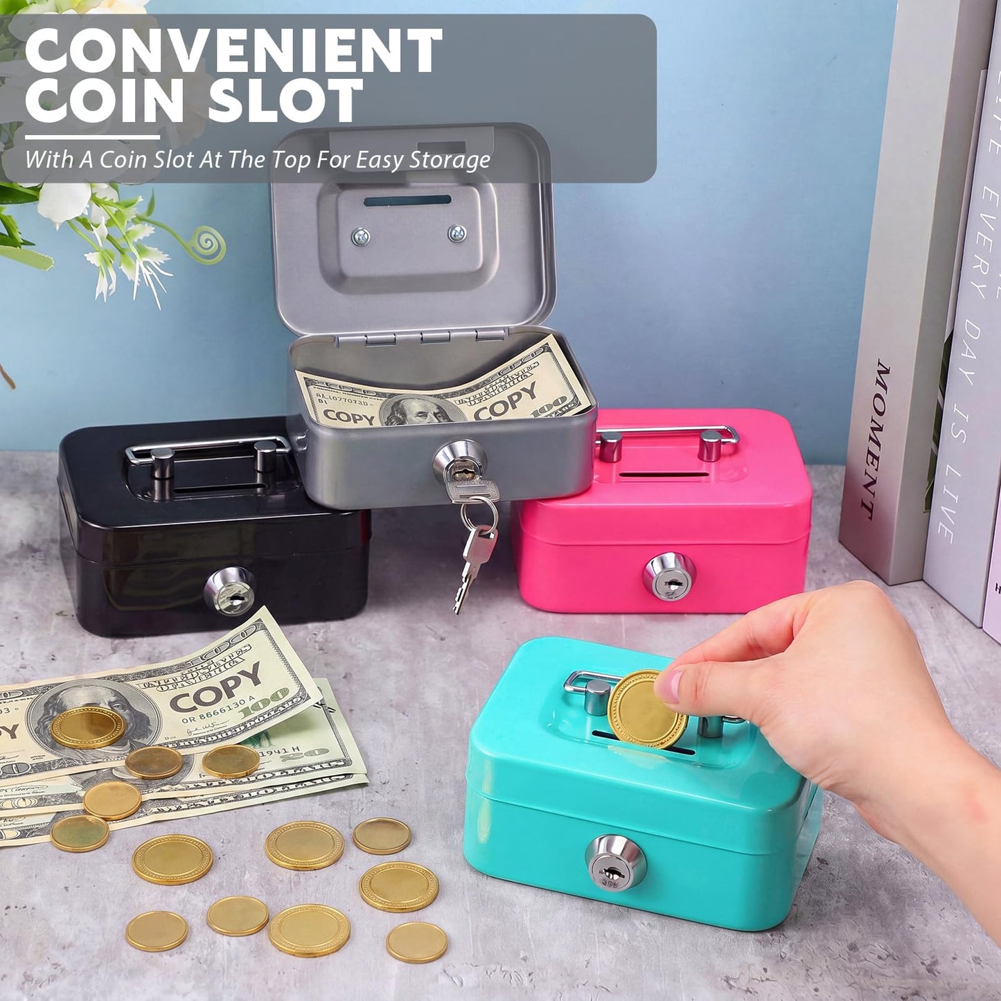 Tandefio 12 Pcs Small Money Cash Box with Lock and Slot Metal Box for Cash Steel Organizer Piggy Bank Metal Coin Bank for Adults, 4.5 x 3.3 x 2 Inch, Without Money Tray (Black,Green,Gray,Pink)