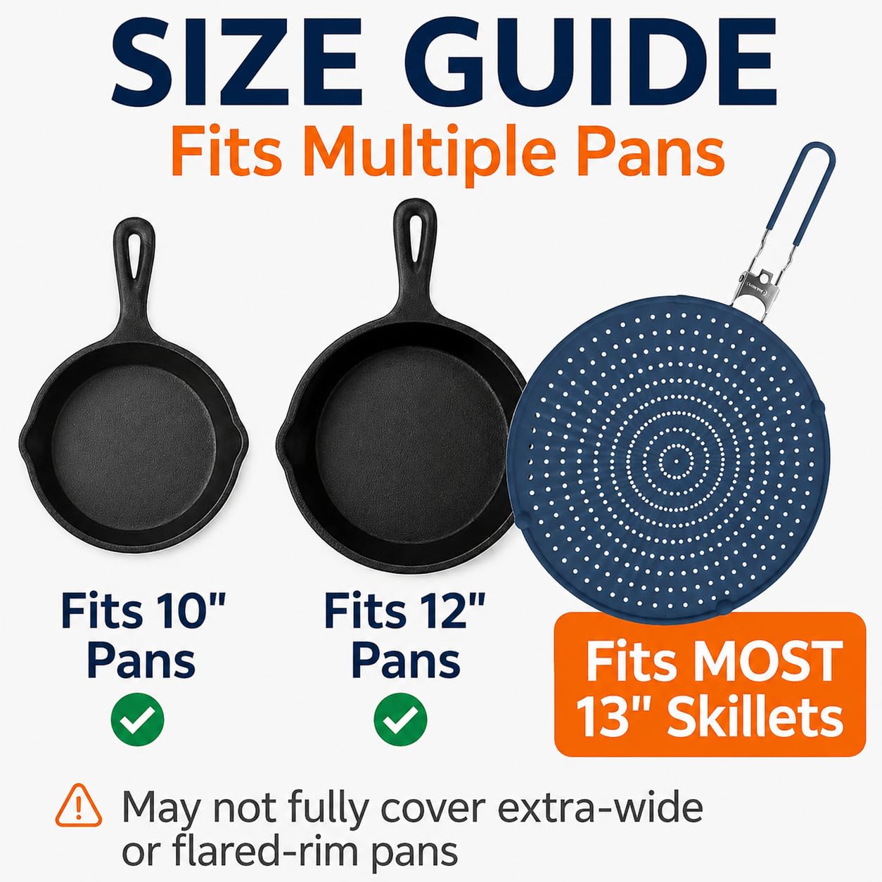 Silicone Splatter Screen for Frying Pan, 13” Navy – Grease & Oil Splatter Guard, Heat Resistant, Dishwasher Safe, Foldable Handle with Sleeves – Splash Guard Fits 10–12” Pans, Most 13” Skillets