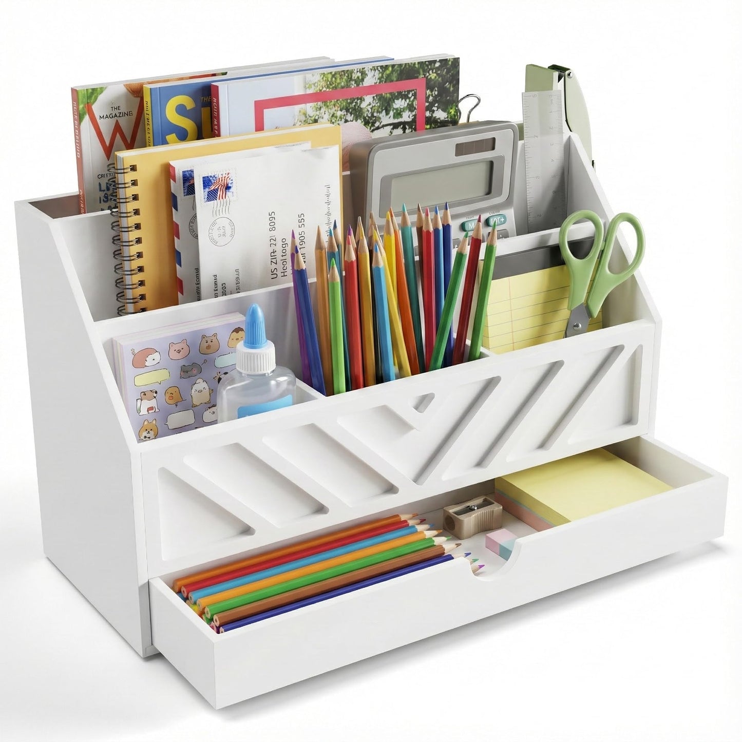 SRIWATANA White Mail Organizer Countertop, 5 Slots Mail Holder with Drawer, Office Desk Organizer, Letter Sorter File Bill Holder Paper Storage for Home Office School