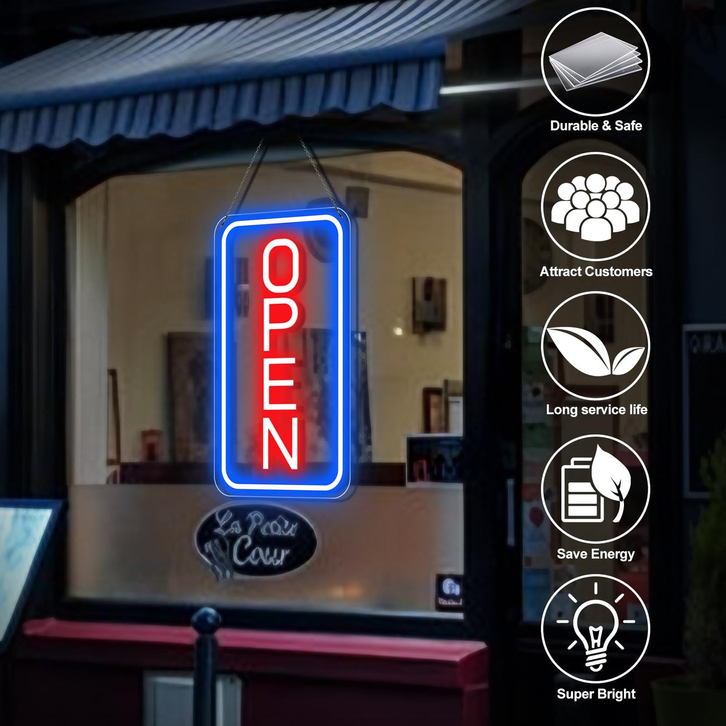 Ultra Bright LED Open Signs for Business, 16’’x 9’’ Neon Open Sign, Vertical Light up Sign with ON/OFF Switch adapter for Window Bars Cafes Hotels Florists Clubs Restaurants Barbershops Supermarkets