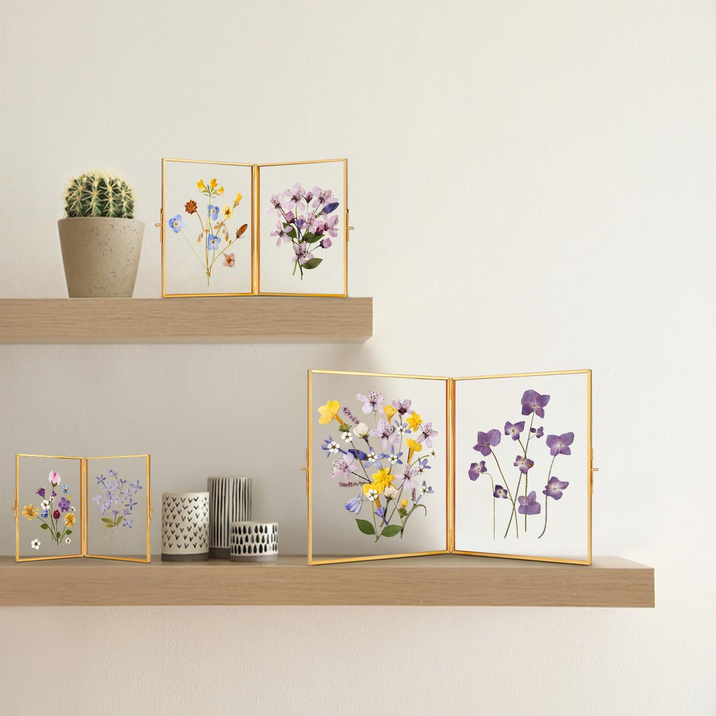 REDHUGO Glass Pressed Flower Frame Handmade, Hinged Double Press Flower Frame, Tabletop Brass Photo Frames, Rectangle Dried Flowers Display Folding Frames for Home, Gold,5×7 Inches