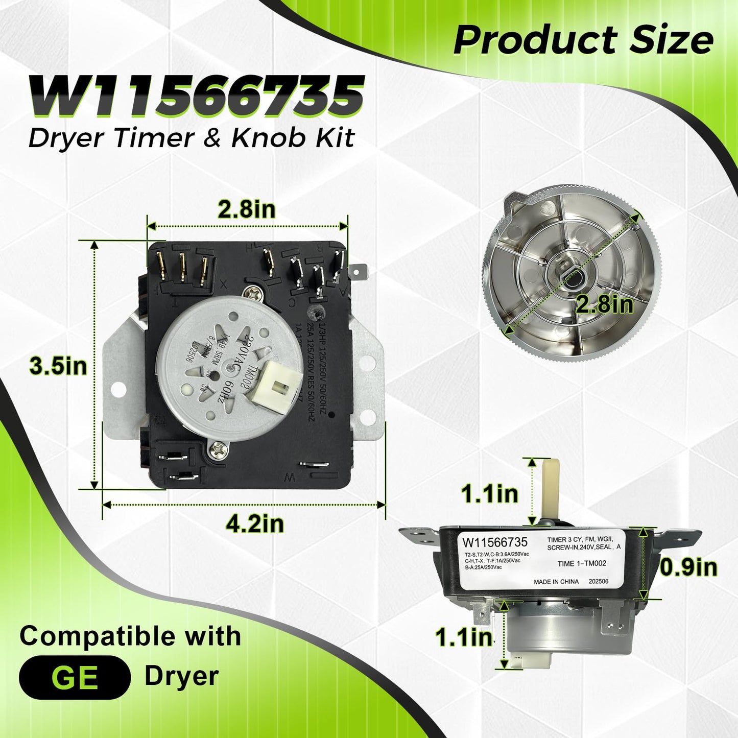 W11685947 W11566735 Dryer Timer & Knob Kit Compatible with Whirlpool Maytag, Replacement Part 4981088 AP7215858 PS17216594 EAP17216594 FIX17216594 162-428-1