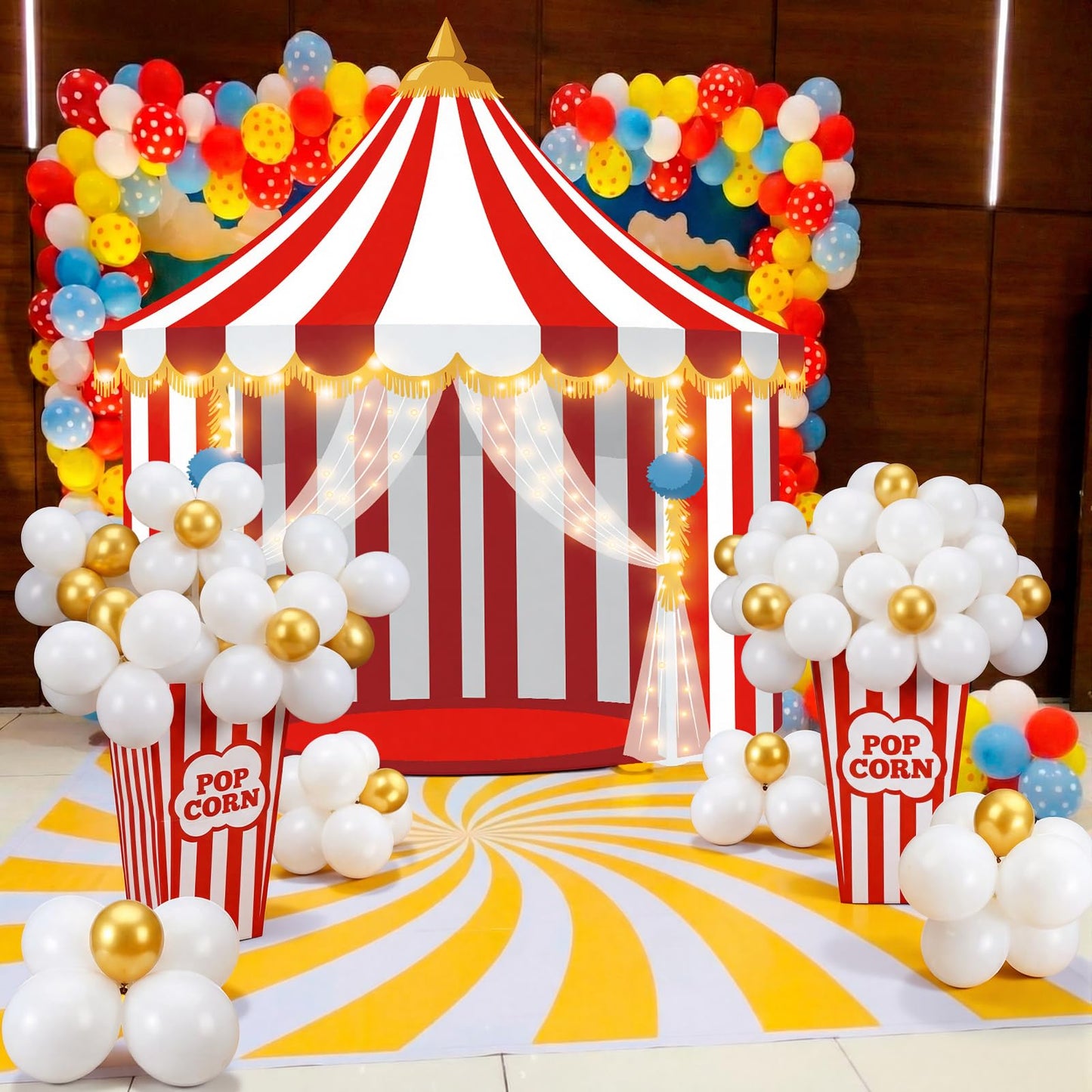 Novabright 103 Pcs Carnival Circus Party Decorations Set Includes Red White Circus Tent Backdrop Popcorn Boxes 100 DIY Popcorn Balloon Kit Carnival Theme Photo Background Birthday Party Decor