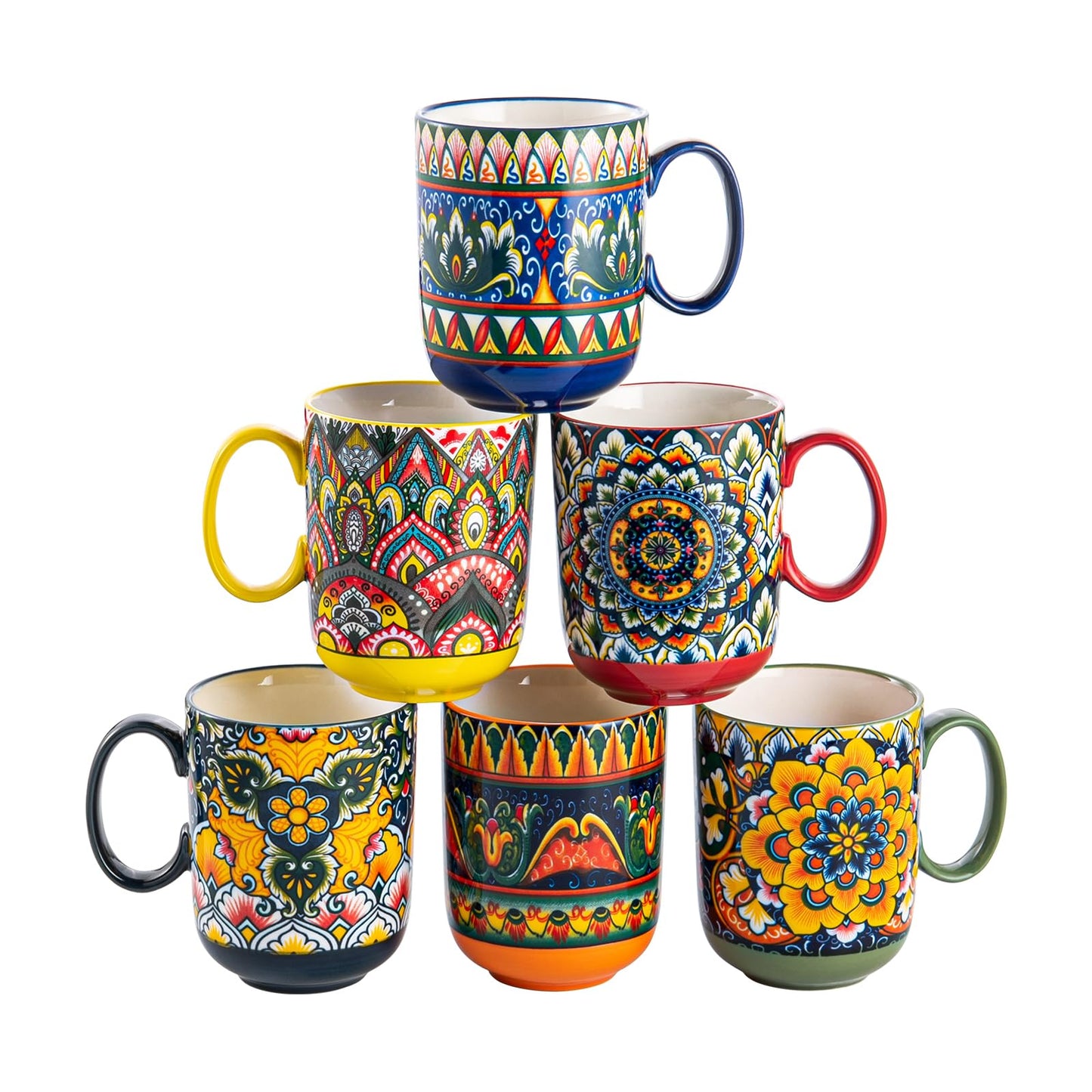 Henten Home Porcelain Coffee Mug Set of 6, 14 oz Colorful Latte Cup with Handle, Boho Ceramic Mug for Hot Chocolate, Milk, Tea, Cappuccino, Cocoa, Microwave & Dishwasher Safe