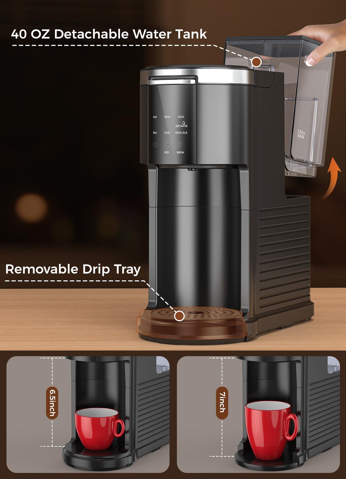 COWSAR Commercial Single Serve Coffee Maker, K Cup Coffee Brewer for Capsule and Ground Coffee, Capsule Coffee Machine with 40 Oz Water Tank, Instant-Heat, 5 Brew Sizes Up To 14 Oz, Satin Black