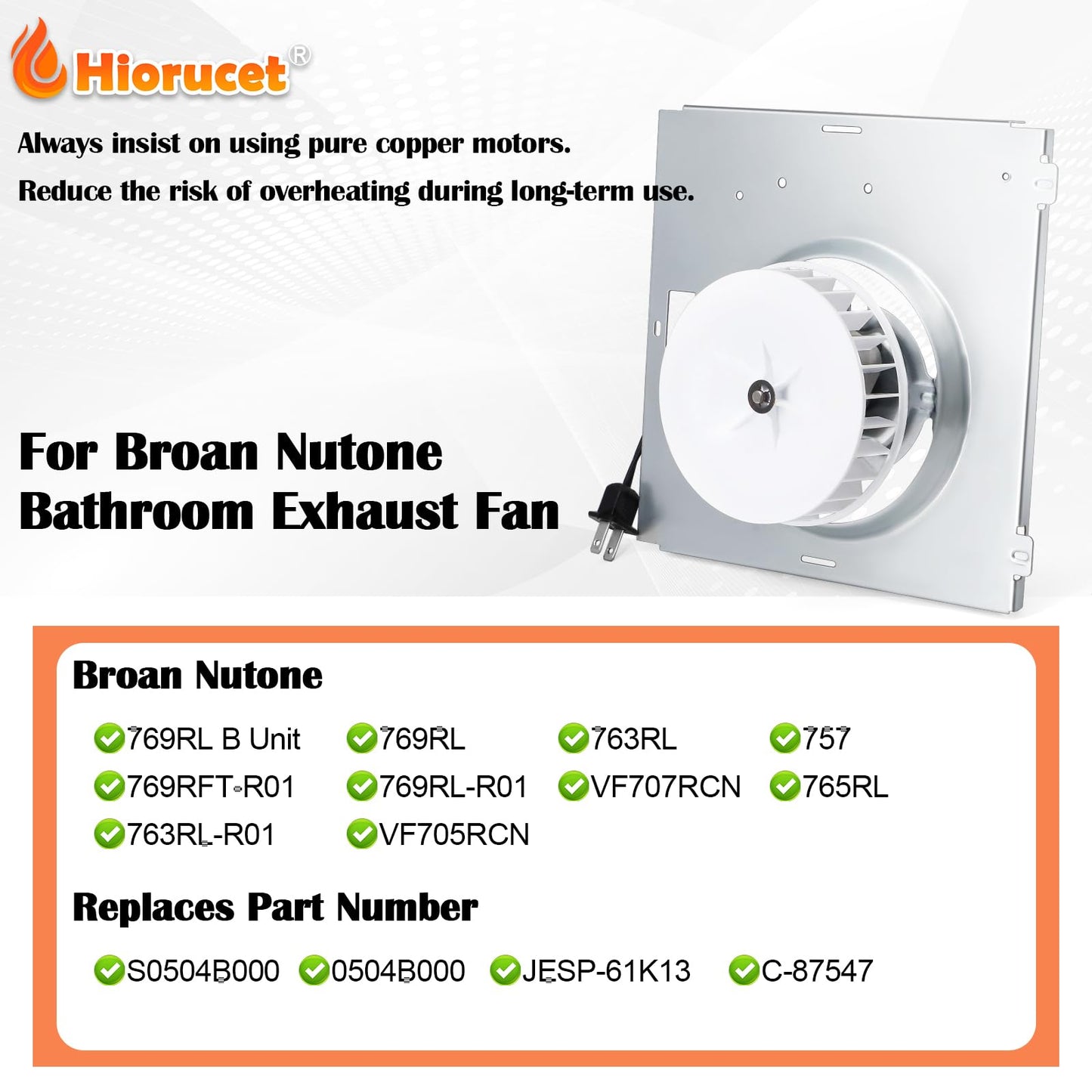 769RL B Unit, S0504B000 Motor Assembly for Broan Nutone 769RL, 763RL, 769RL-R01, 757, 769RFT-R01, VF707RCN, 765RL, 763RL-R01, VF705RCN Bathroom Exhaust Fan, Replacement Fan Motor C-87547, JESP-61K13.