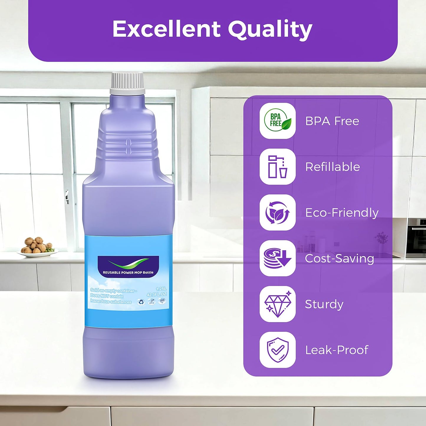 Refillable Replacement Bottle for Swiffer® Wet Jet™ Mop, 1250ml /42 oz, Empty, Leak-Proof HDPE Cleaner Solution Refill Bottle with 7 Silicone Gaskets & 1 Foldable Funnel