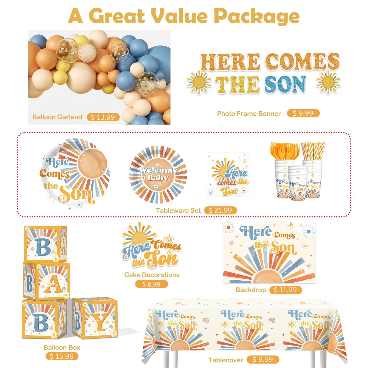 Here Comes The Son Baby Shower Decor, Retro Sun and Sunshine Themed Baby Shower Decorations Boy Boho Retro Baby Boy Shower Decor Oh Boy Shower Party Supplies