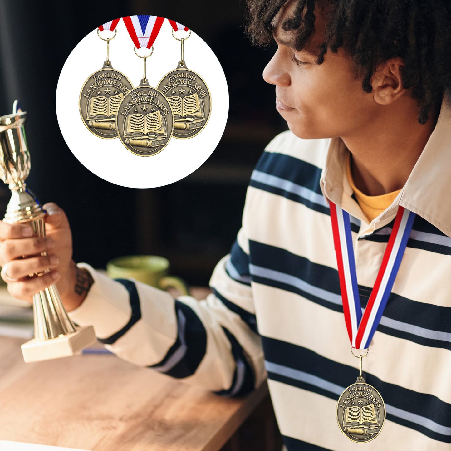 Liliaafar 36 Pcs English Language Arts Award Medals Bulk with Neck Ribbons Gold Trophy Prize Gift for Competition Graduation Ceremony