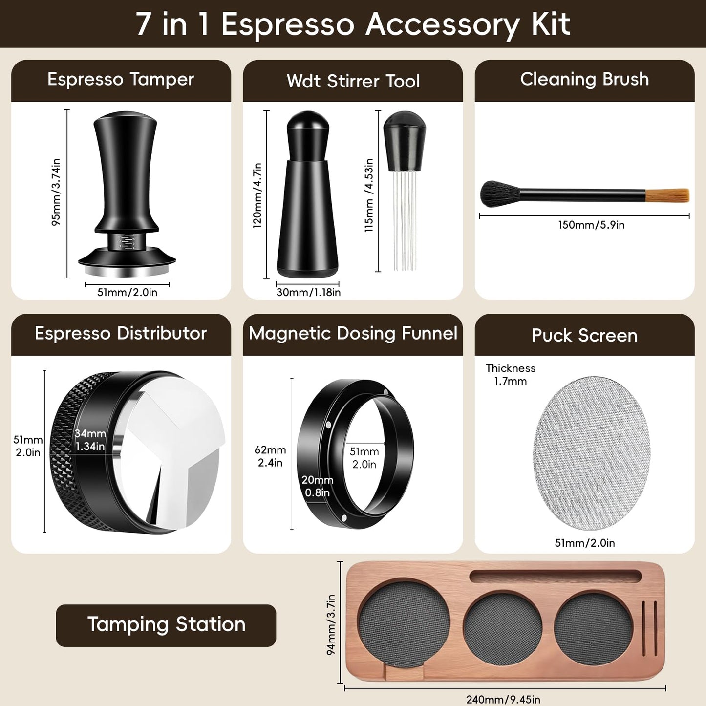 7 Pcs 51mm Espresso Tamper Tools Accessories Kit for Coffee WDT Tool Accessories Set Coffee Tamper Set with Wood Espresso Tamping Station Distributor Dosing Funnel Stirrer Brush Puck Screen -51mm