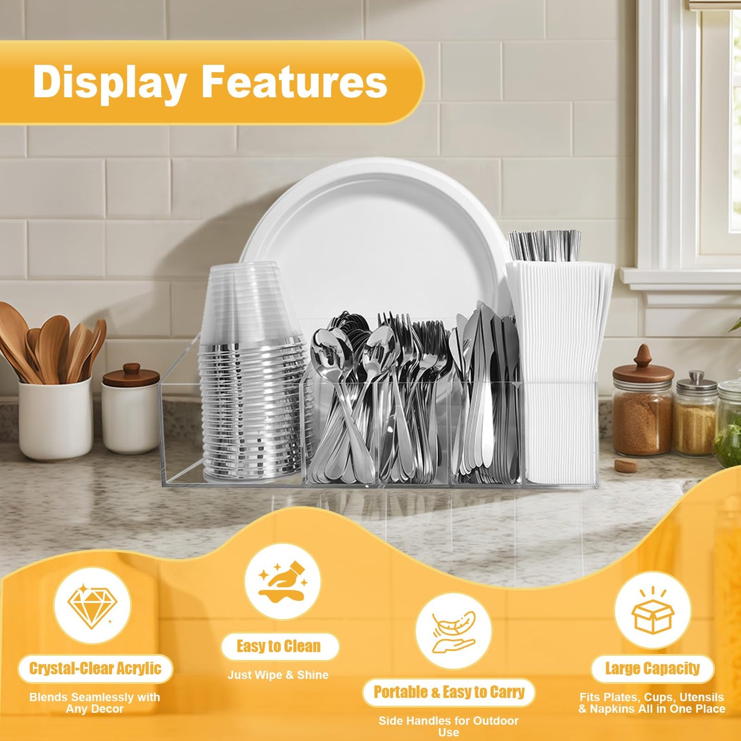 Truxwal Acrylic Paper Plate Organizer and Dispenser – Extra Capacity Plate and Utensil Caddy for Plates, Cups, Napkins and Cutlery, Ideal for Kitchen, Parties, Picnics, Weddings, and Outdoor Events