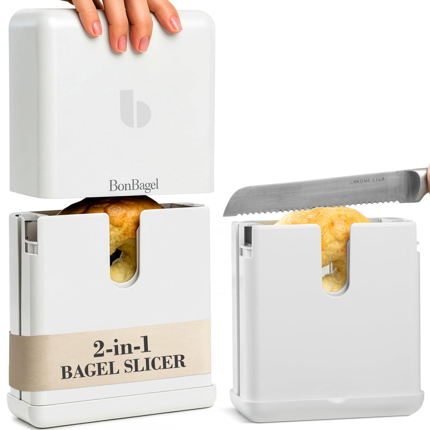 BonBagel Bagel Cutter Slicer – Precision Bagel Slicer with Auto-Center Holder – Compact 7-Inch Space-Saving Design for Even Cutting Large and Small Bread at Home or Café Kitchen-White – 2nd GENERATION