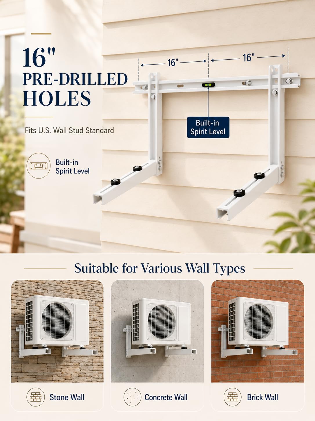 Heavy Duty Mini Split Wall Mounting Bracket for Outside, 550lb Load Capacity, Galvanized Carbon Steel, Dual Anti-Rust Coating, Leveling Bar, Anti-Vibration Pads, Fits 9000–36000 BTU AC Units