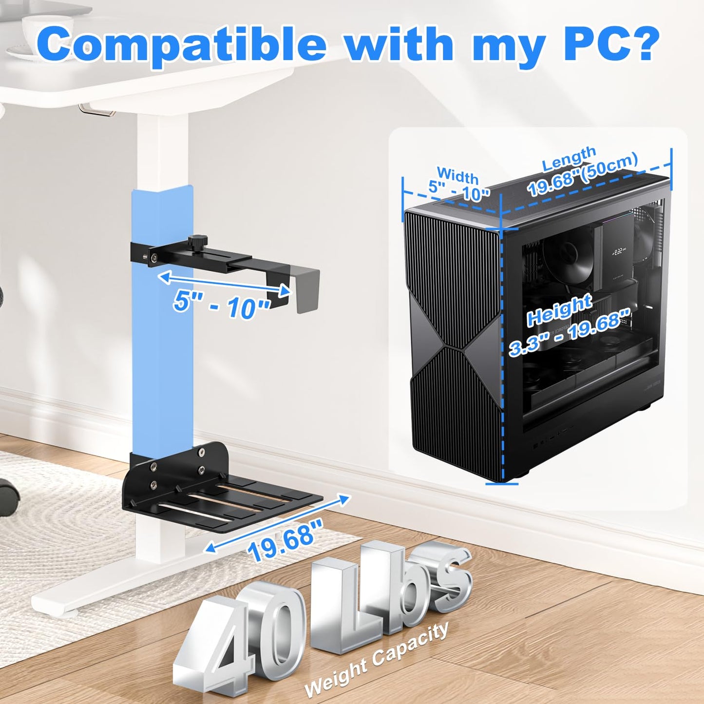 Under Desk PC Mount - No Drilling 40 lb Capacity, Fits 3 Fixed Desk Leg Sizes, CPU Holder Under Desk, Adjustable Clamp-on Desk Leg PC Mount for Standing Desk, with Non-Slip Pads, White