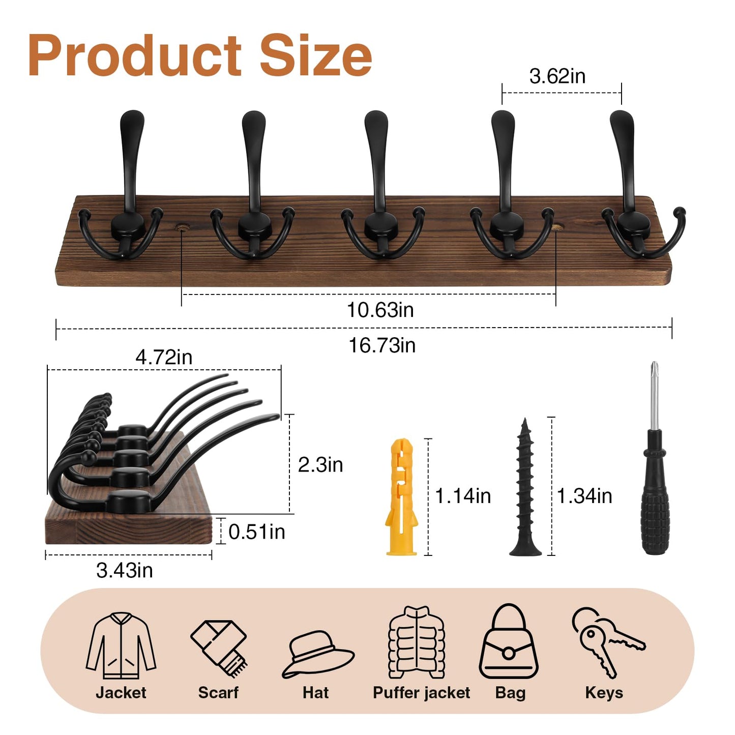 Wooden Coat Rack Wall Mount Heavy Duty, 2 Pack Coat Hanger Wall Mount with 5 Triple Hooks for Clothes, Jacket, Hat, Keys, Space Saving Entryway Organizer for Mudroom (‎Brown Plate & Black Hooks)