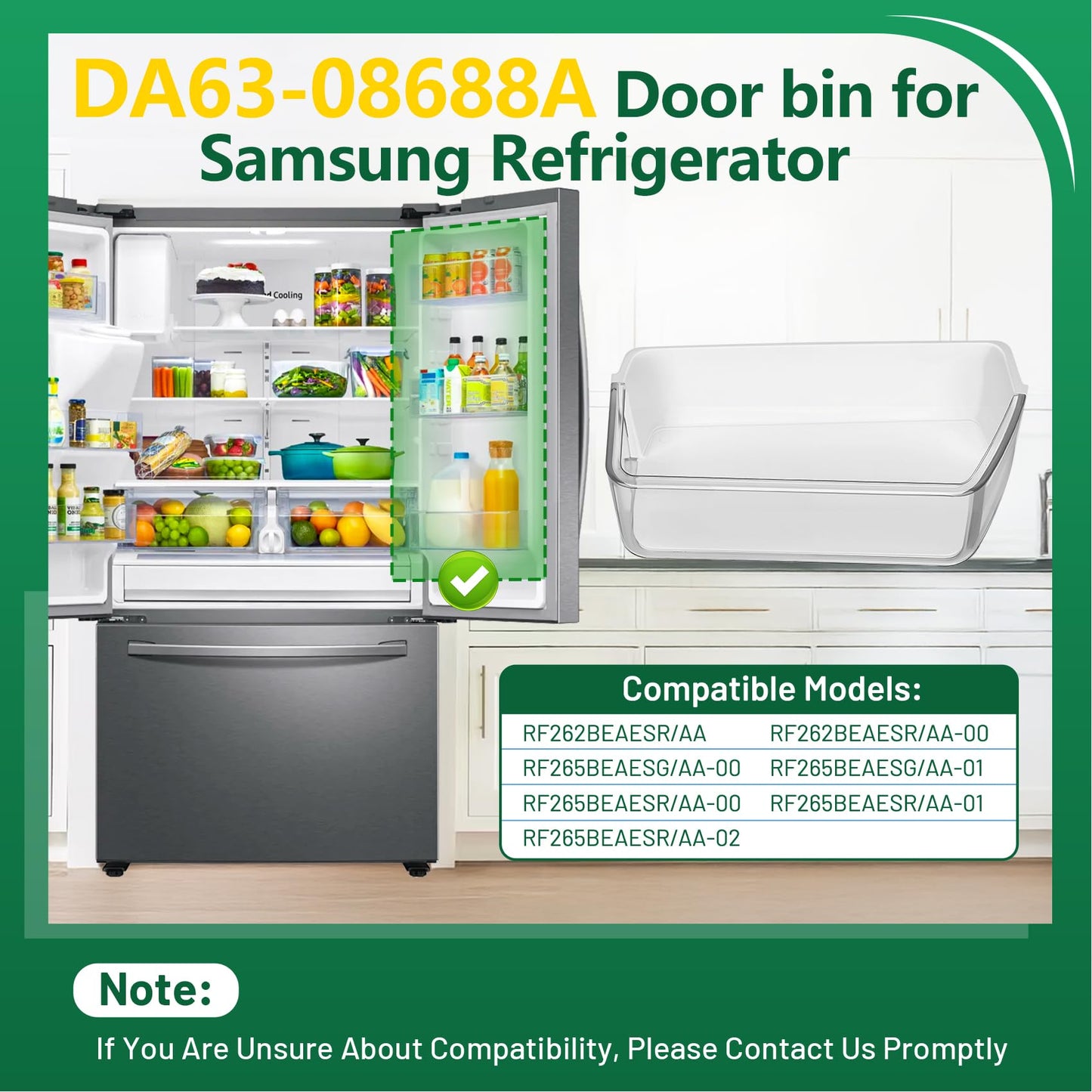 𝑵𝒆𝒘 DA63-08688A Refrigerator Door Bin, Refrigerator Door Shelf Right（1 Pack）,Fit for Samsung Door Bin RF265BEAESR RF265BEAESG RF262BEAESR, with Soda Can Organizer, Replacement for DA97-17255A