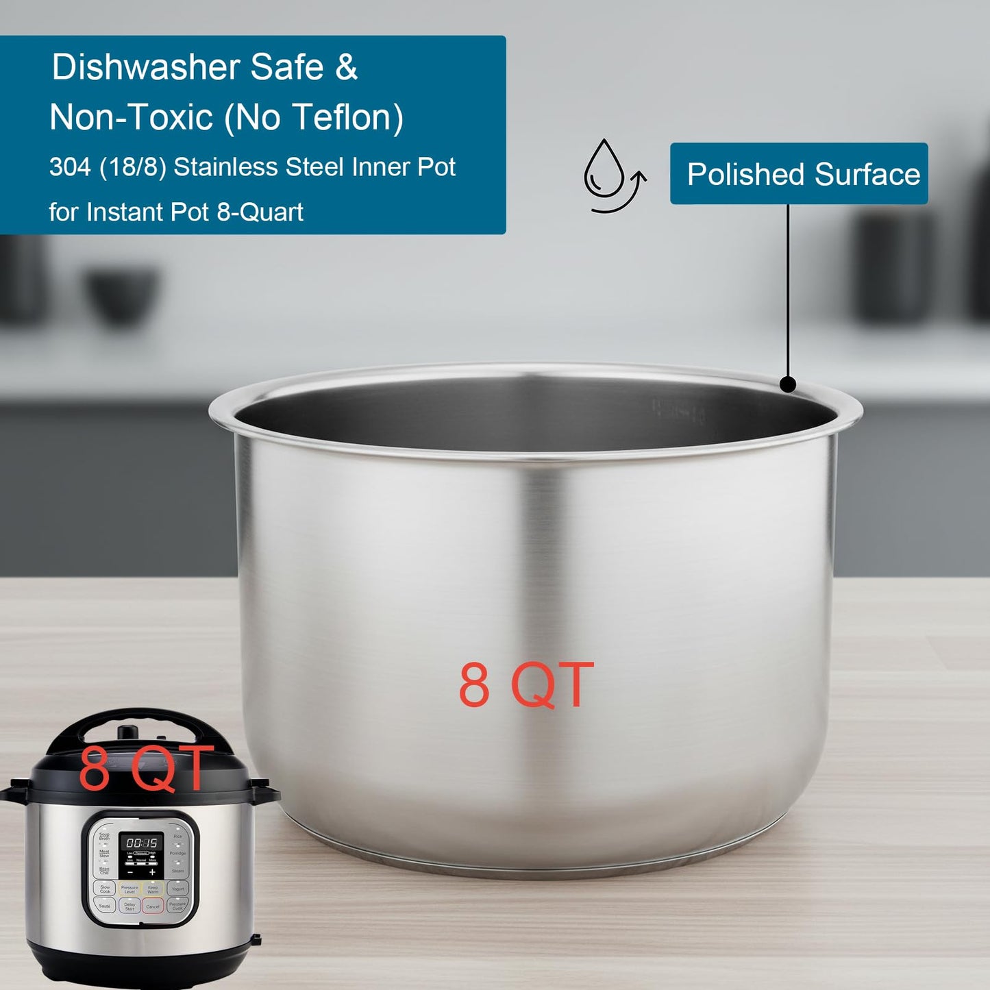 Replacement Pot for Instant Pot 8-Qt, 304 (18/8) Stainless Steel Inner Pot for Instant Pot 8-Quart, Upgrade Insert for Instantpot, Liner for Insta Pot 8 Qt with Thick Bottom, Non-Toxic (No Teflon)