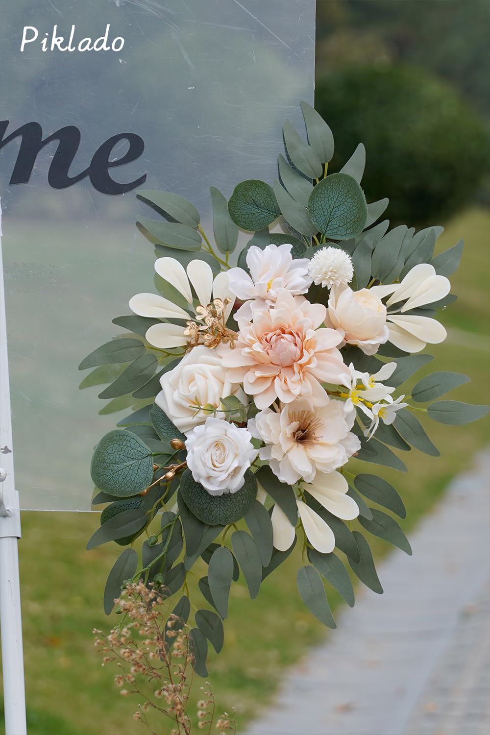 Piklado Faux Flower Swag Set of 2 for Wedding Welcome Signs Floral Swag Wedding Reception Ceremony Signs Decor (Champagne & Cream)