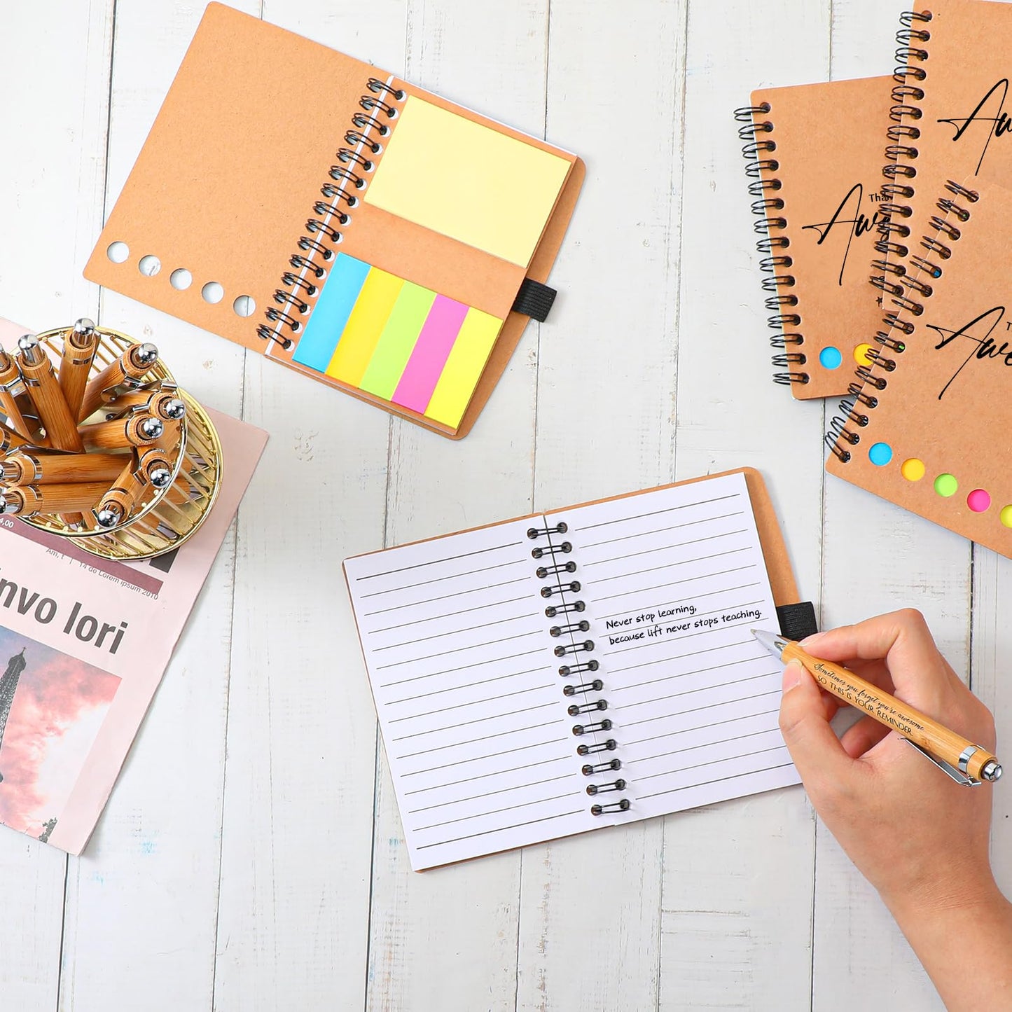 Chuangdi 20 Sets End of Year Teacher Gifts Bulk Inspirational Spiral Notebook with Sticky Note Motivational Pen Appreciation Gifts for Employee Team Staff Coworker (Classic,Kraft)