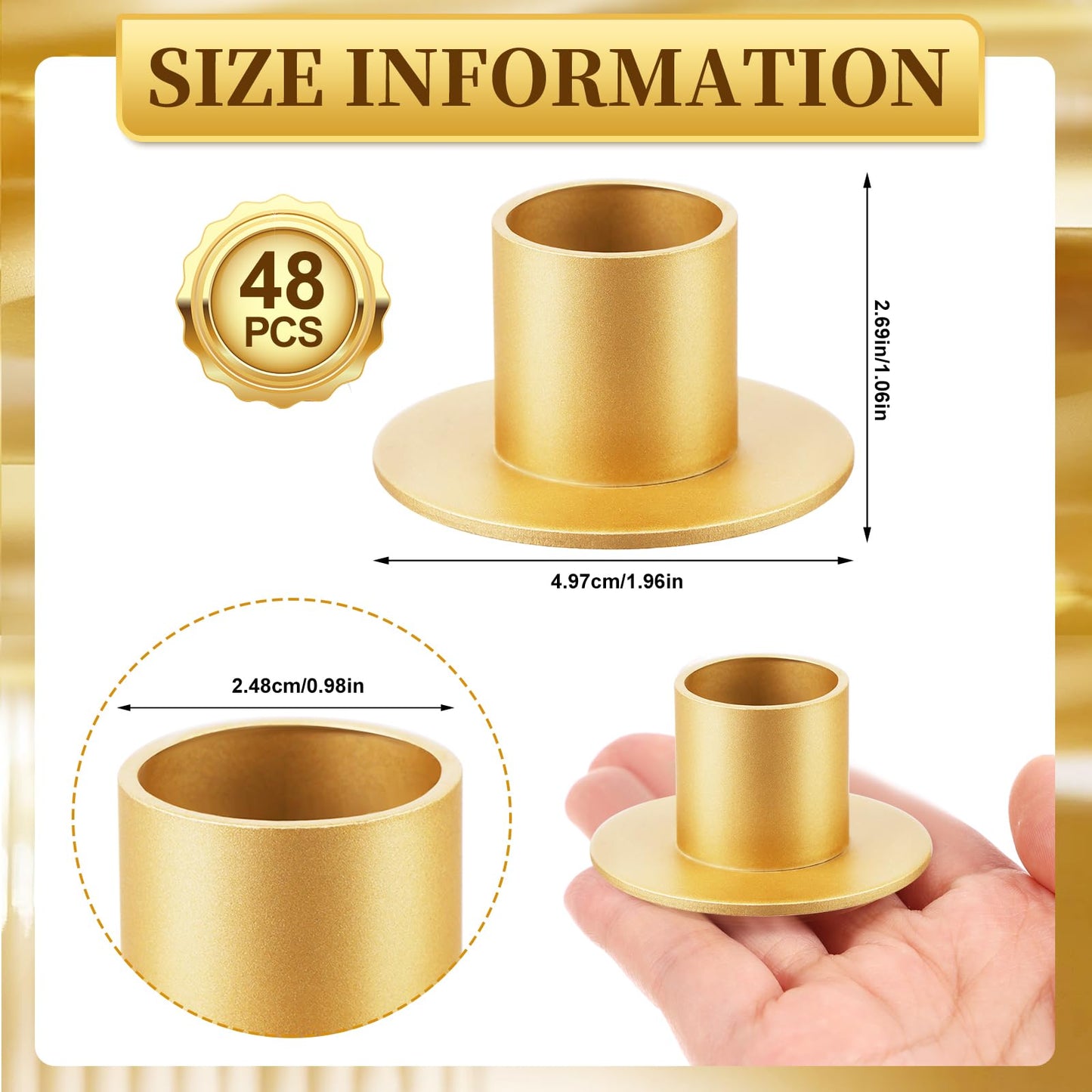 48 Pcs Gold Metal Taper Candle Holders Bulk for Wedding Pillar Candles Taper Candlesticks Holders Centerpieces Short Candle Stick Dinner Decor for Party Anniversary Dinning Table Gift (48, Gold)