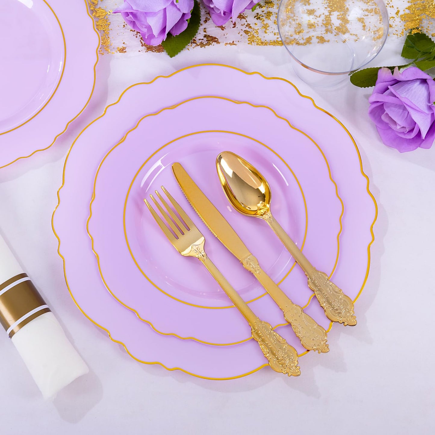 Liacere 175PCS Purple Plastic Plates-Disposable Lavender Plates 25guest Baroque Plastic Dinnerware include 50Plates, 25Pack Pre Rolled Napkins with Silverware 25Cups for Party & Wedding &Mothers Day