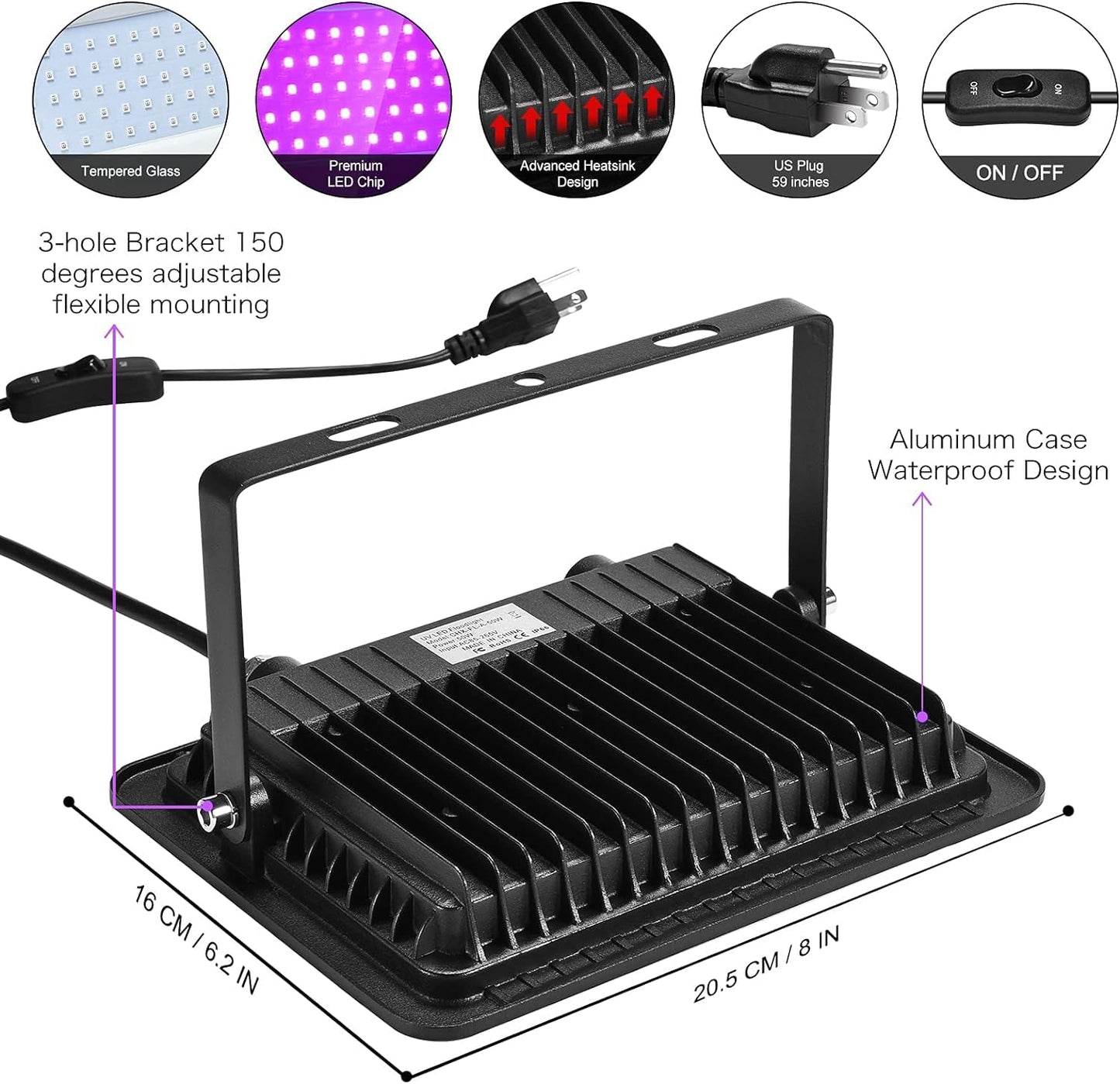 XYCN 3 Pack 100W LED Black Light, Blacklight Flood Light with Plug and Switch, IP66 Waterproof Neon Glow for Party, Halloween, Fluorescent Poster, Body Paint, Aquarium